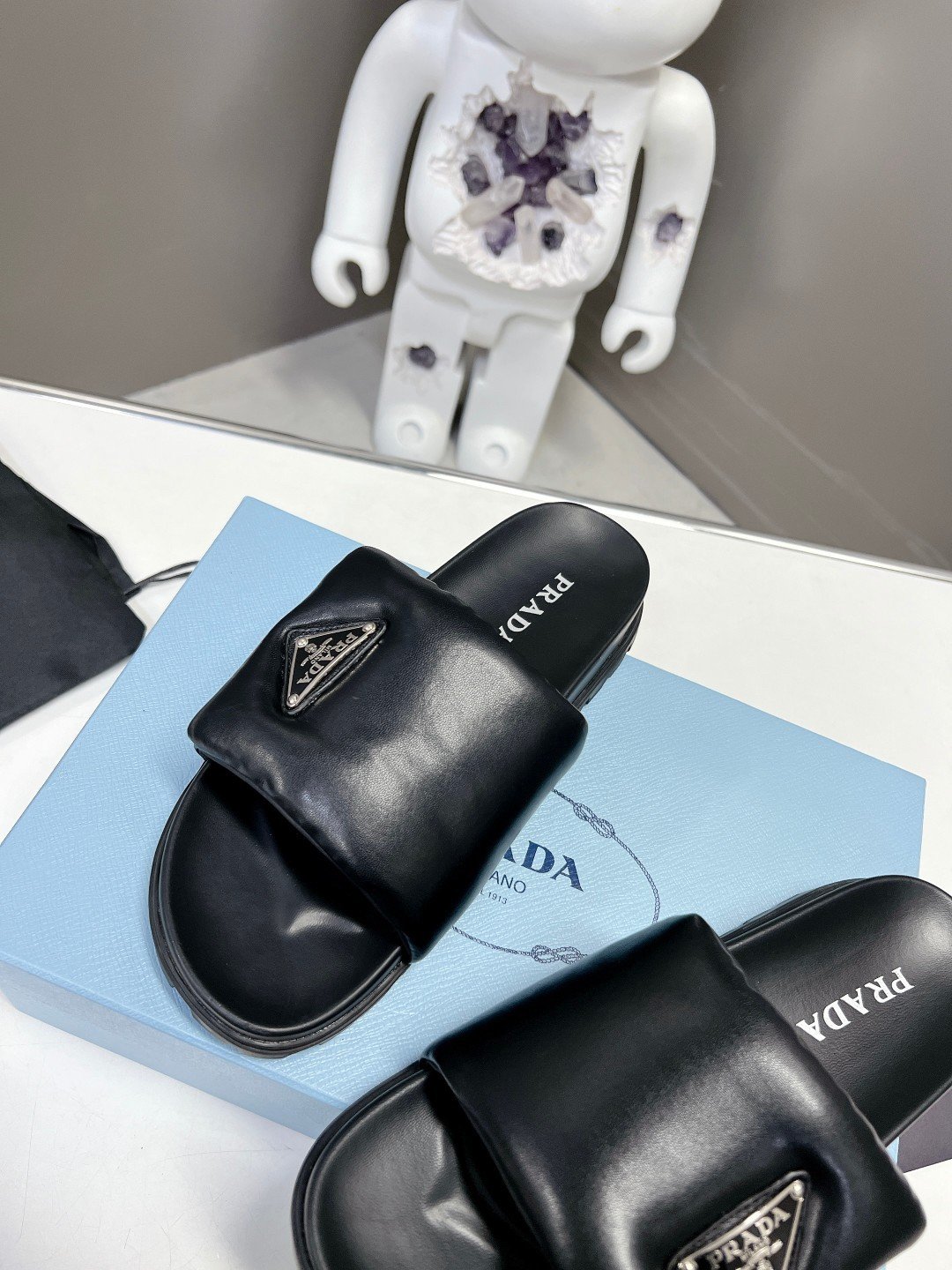 Prada Slides In Black Soft Padded Nappa Leather