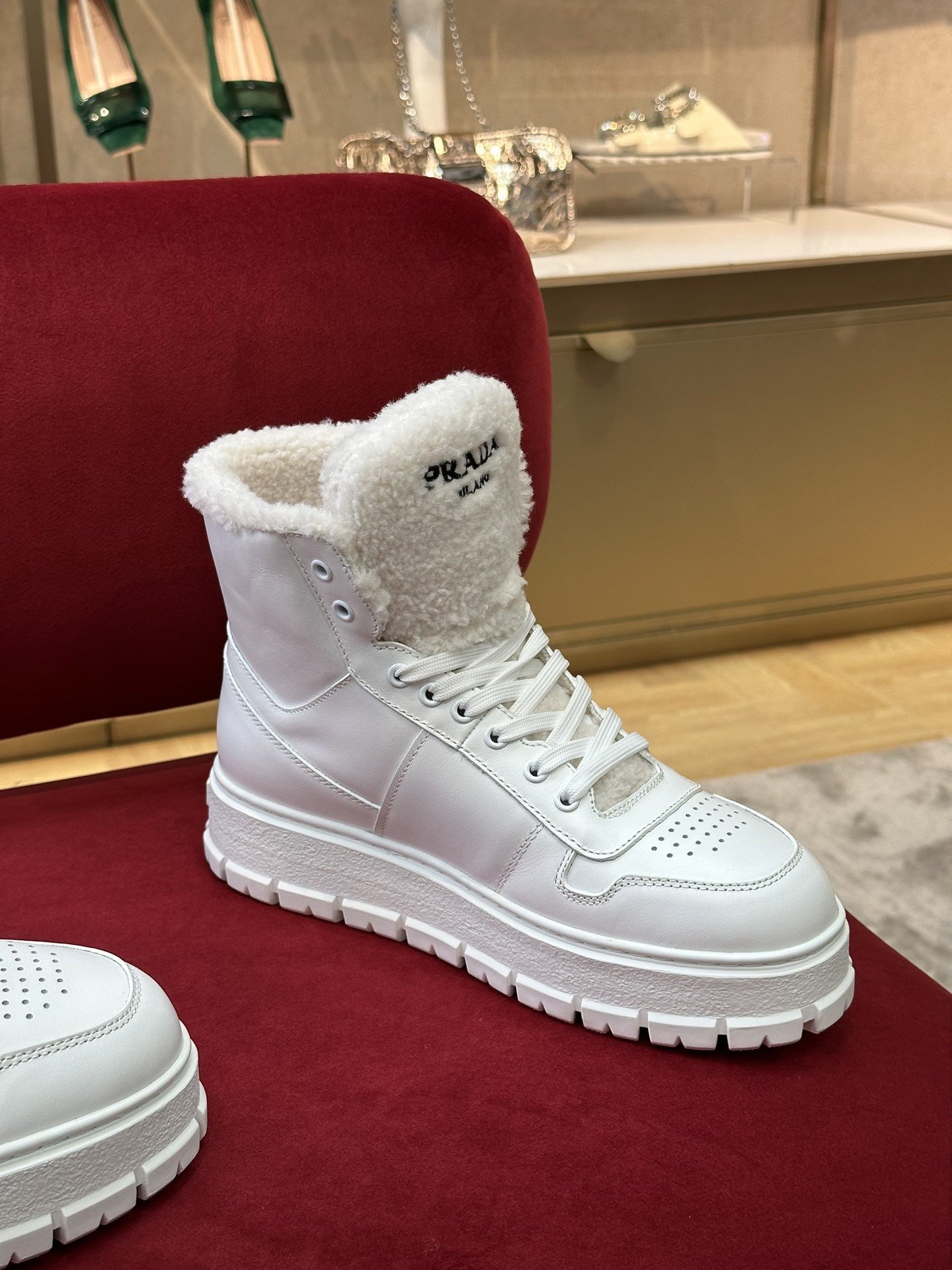 Prada Women's High-top Sneakers in Leather and Shearling