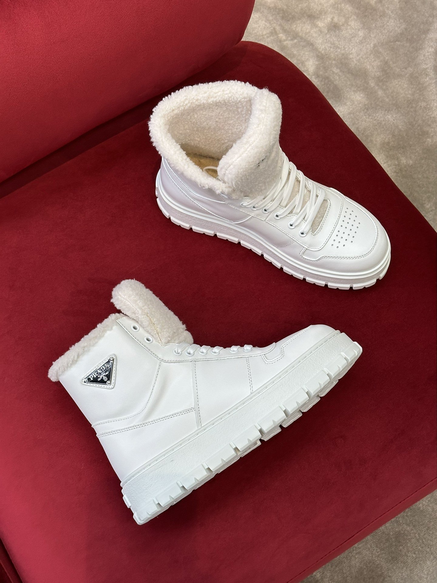 Prada Women's High-top Sneakers in Leather and Shearling