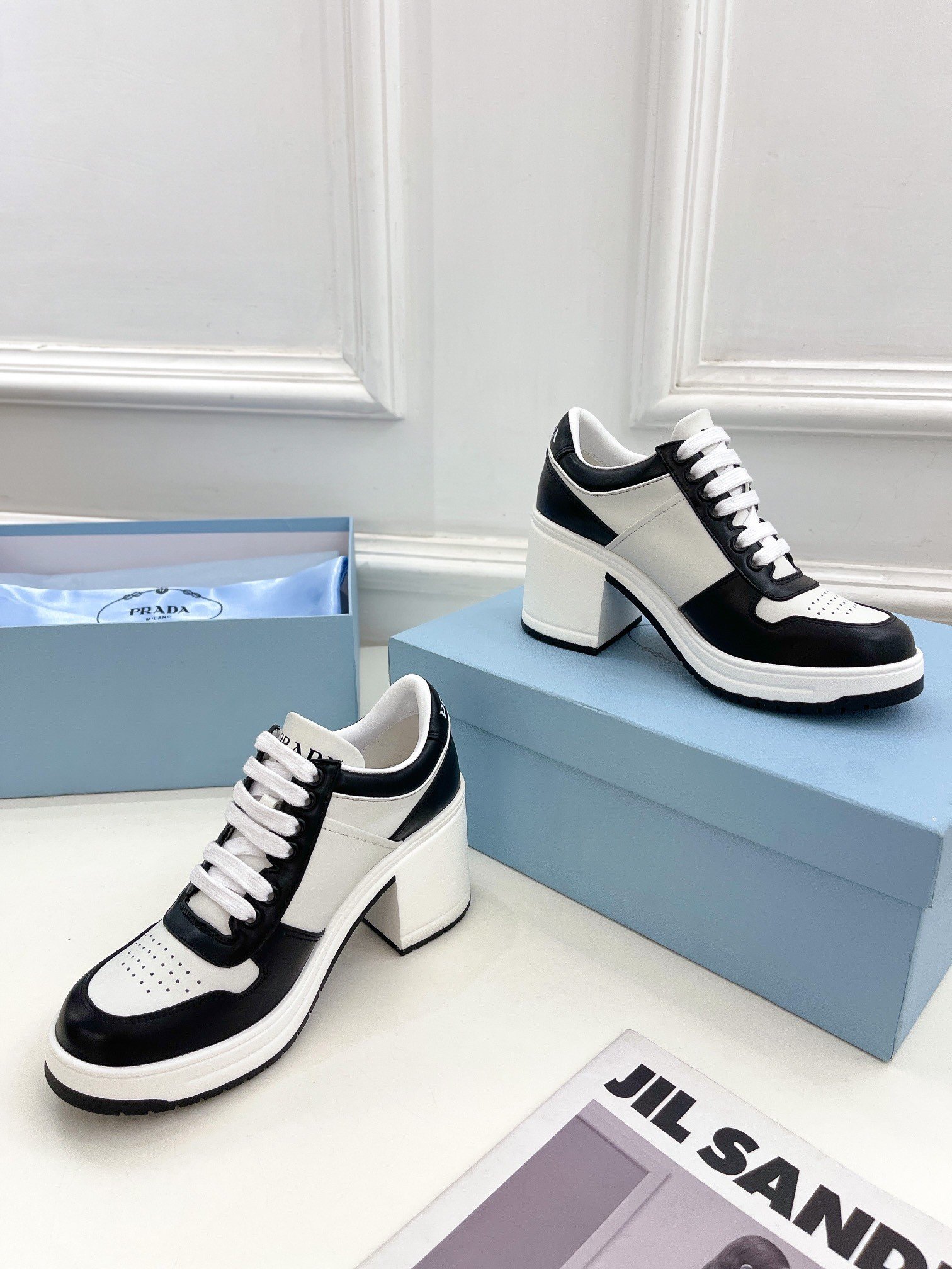 Prada Downtown High-heeled Sneakers in Black and White Leather