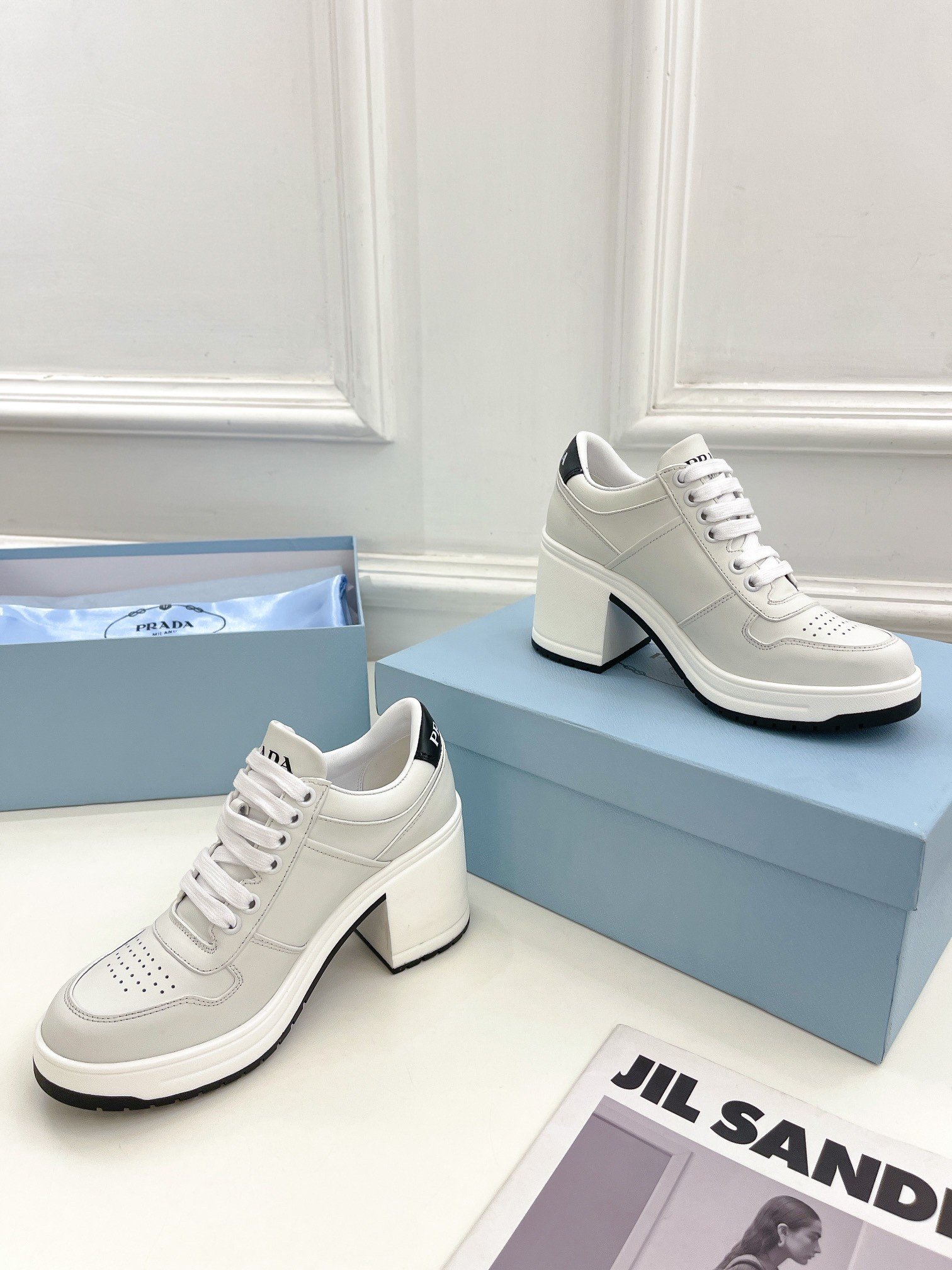 Prada Downtown High-heeled Sneakers In White Leather