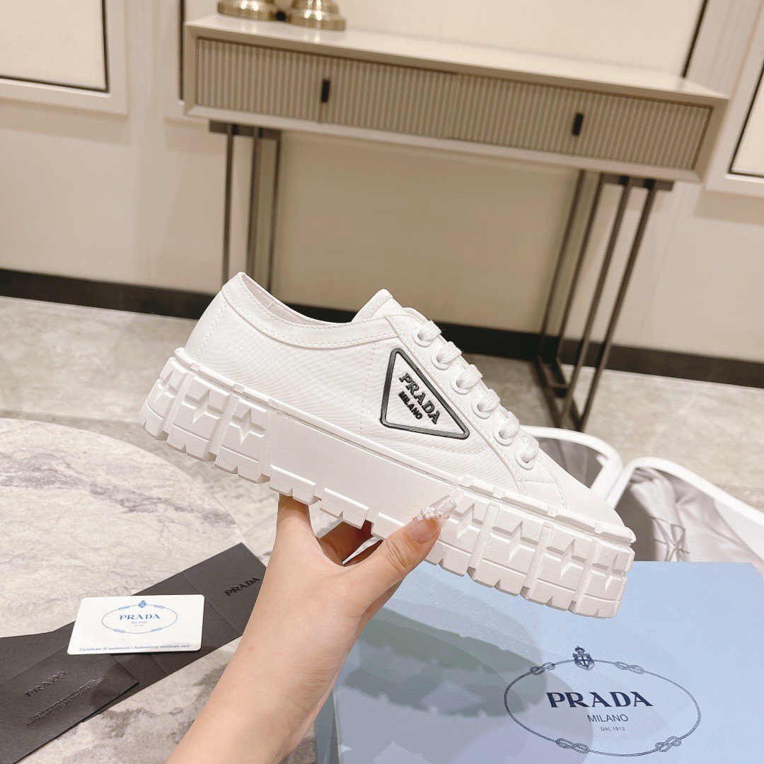 Prada Double Wheel Sneakers In White Nylon Gabardine