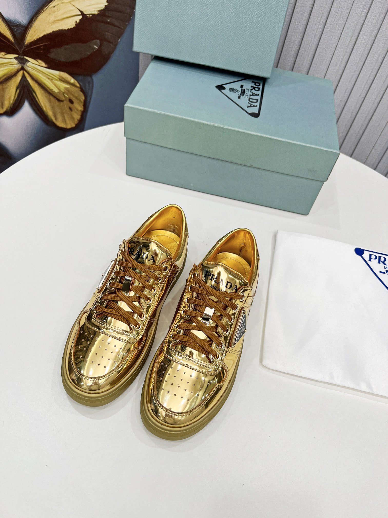 Prada Women's Downtown Sneakers In Gold Metallic Leather