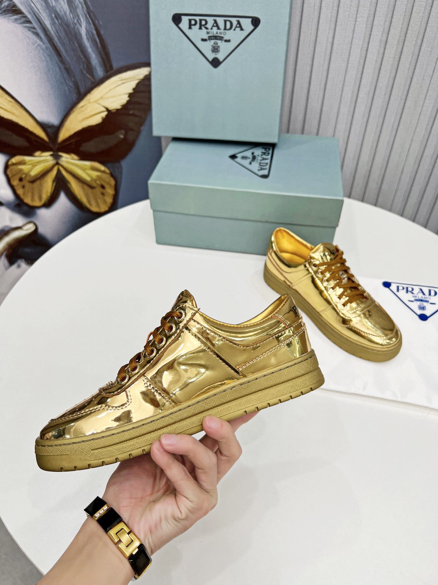 Prada Women's Downtown Sneakers In Gold Metallic Leather