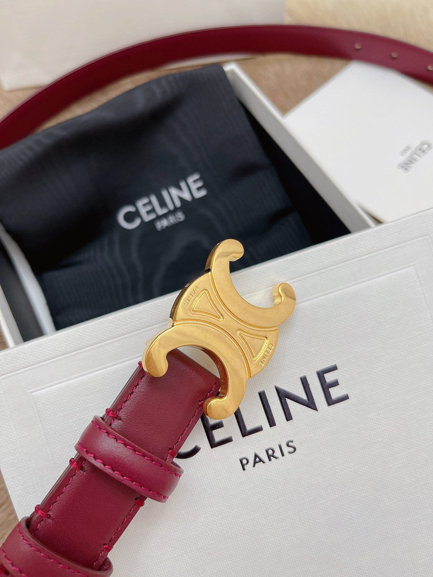 Celine Medium Triomphe Belt 25MM in Bordeaux Calfskin