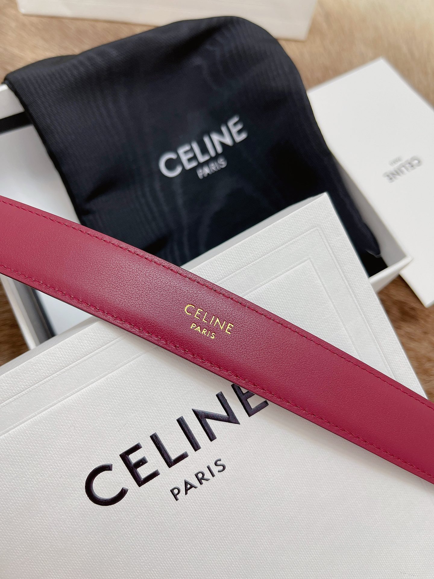 Celine Medium Triomphe Belt 25MM in Bordeaux Calfskin