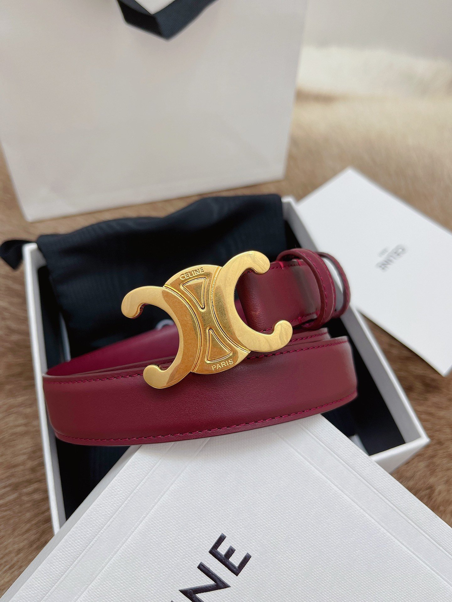 Celine Medium Triomphe Belt 25MM in Bordeaux Calfskin