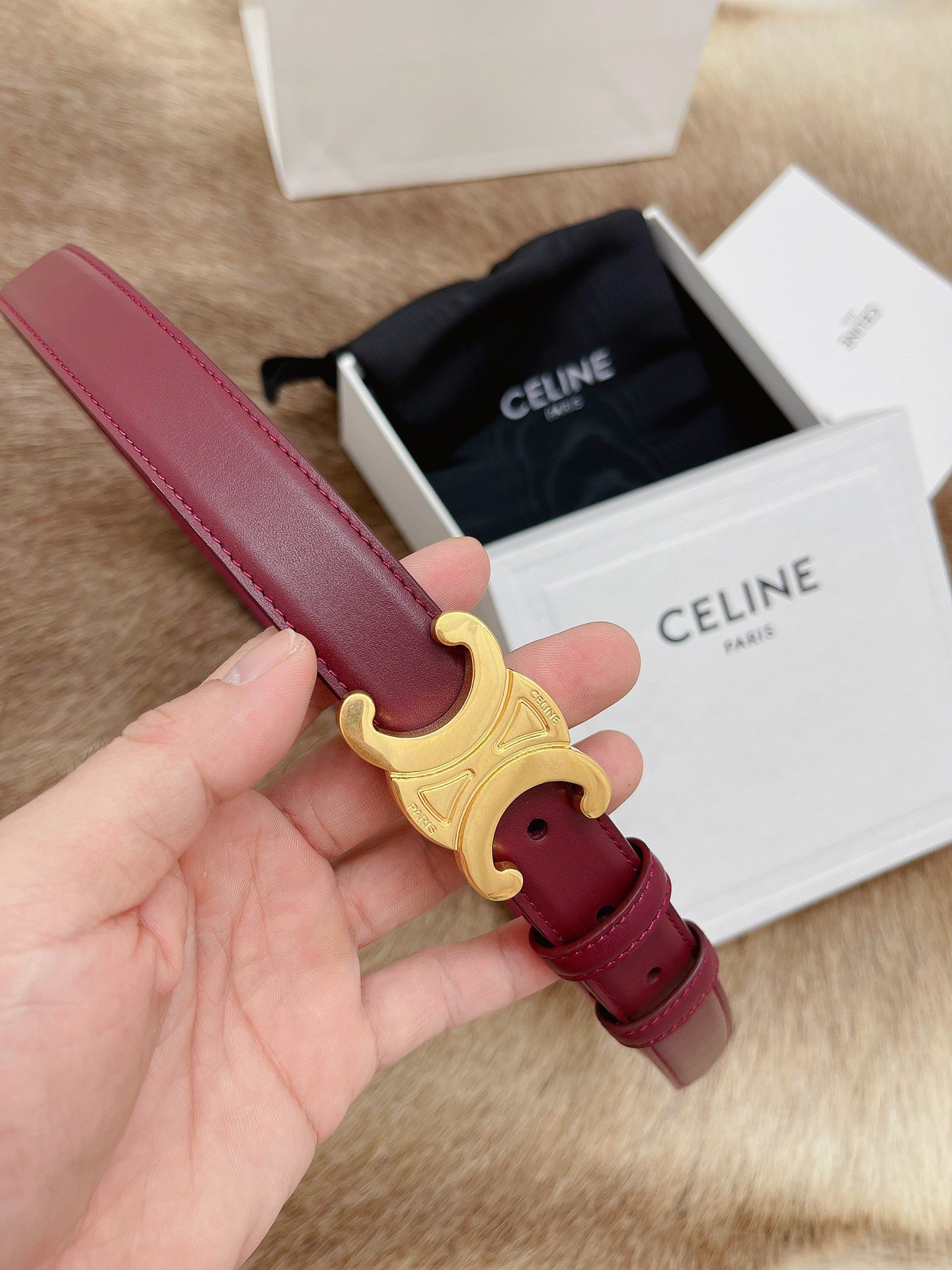 Celine Medium Triomphe Belt 25MM in Bordeaux Calfskin