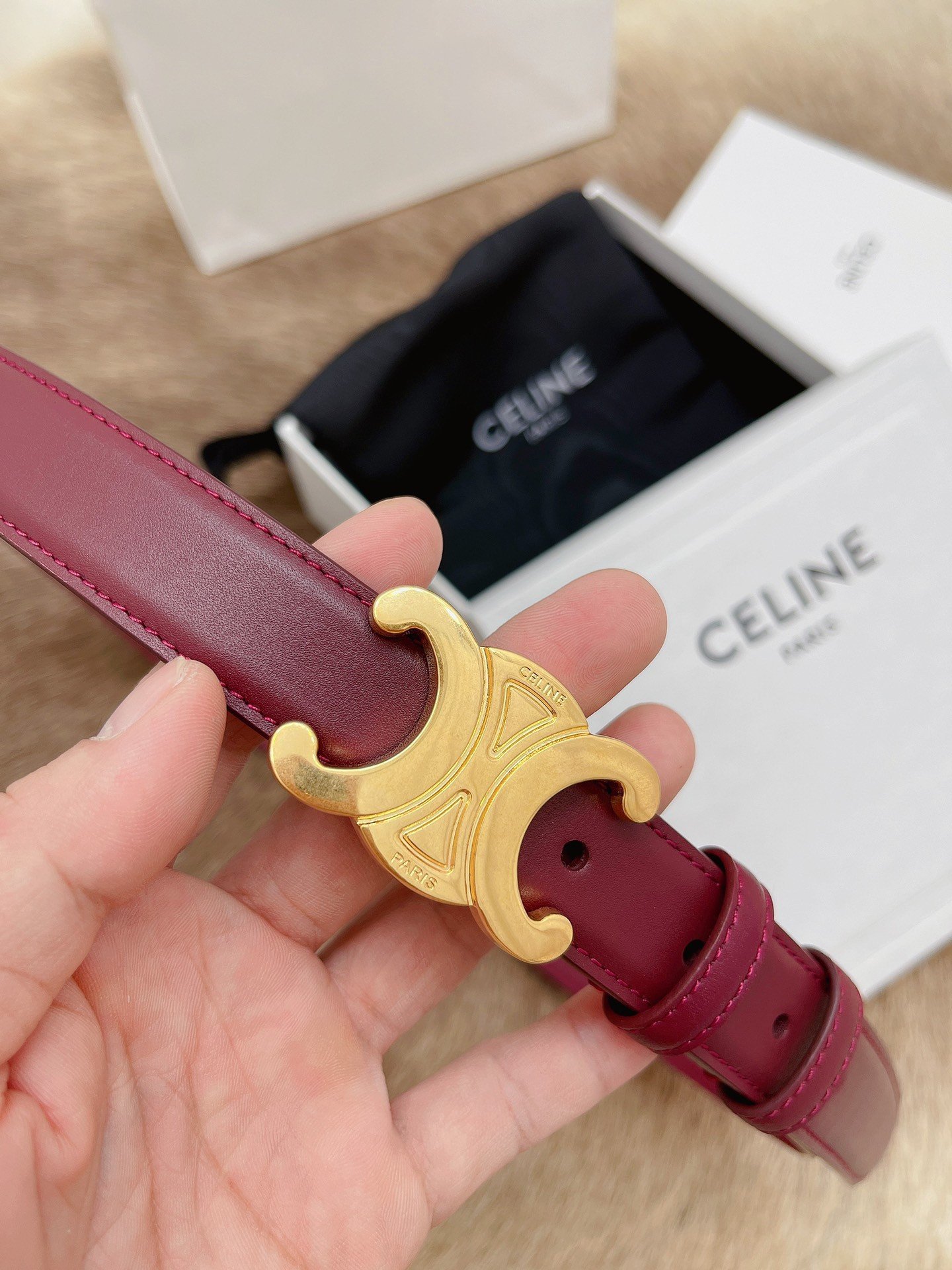 Celine Medium Triomphe Belt 25MM in Bordeaux Calfskin