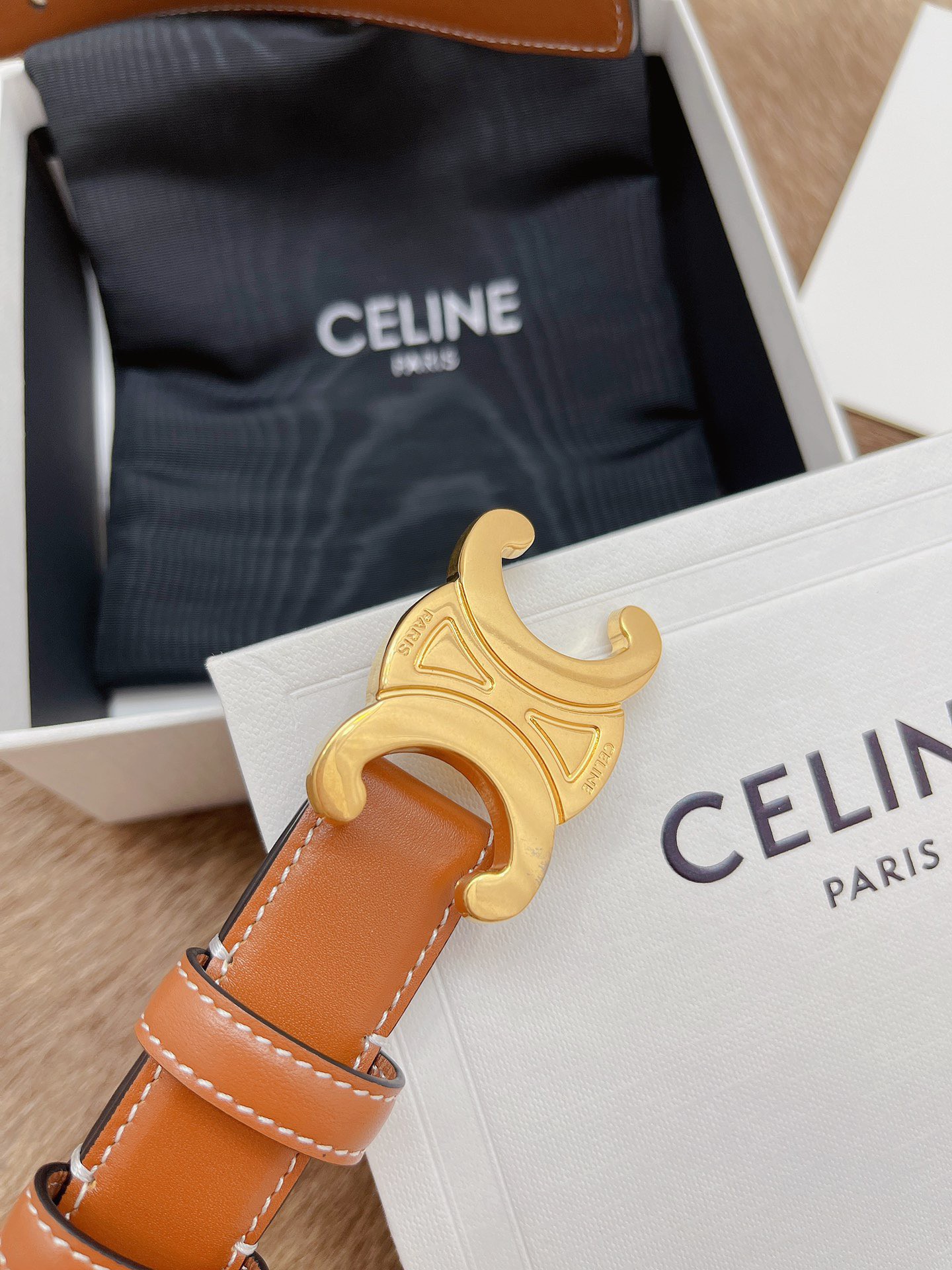 Celine Medium Triomphe Belt 25MM in Brown Calfskin