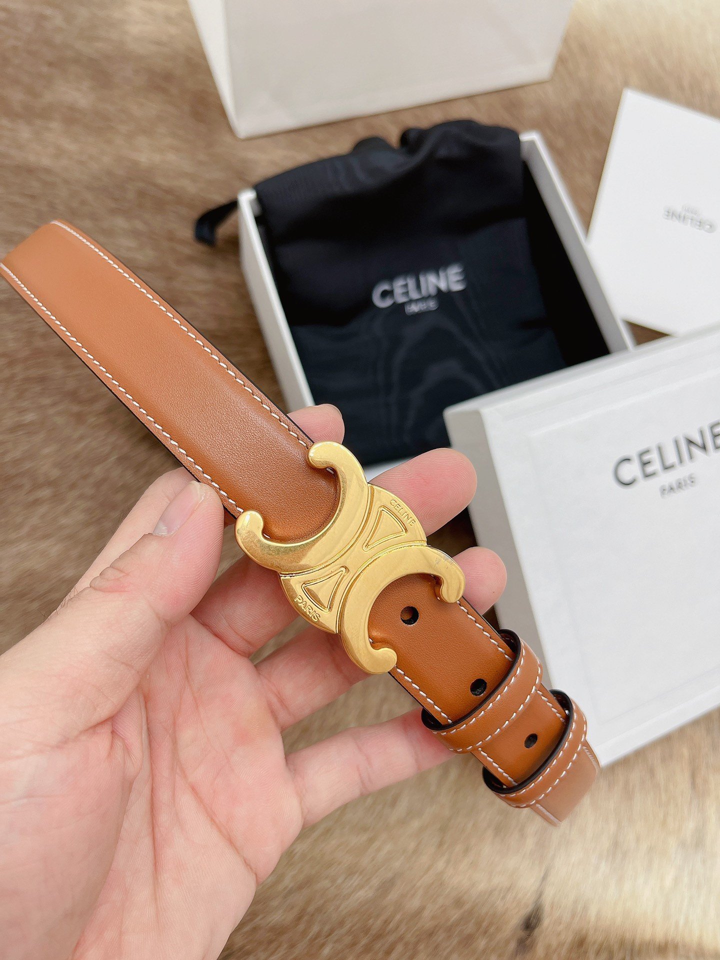 Celine Medium Triomphe Belt 25MM in Brown Calfskin