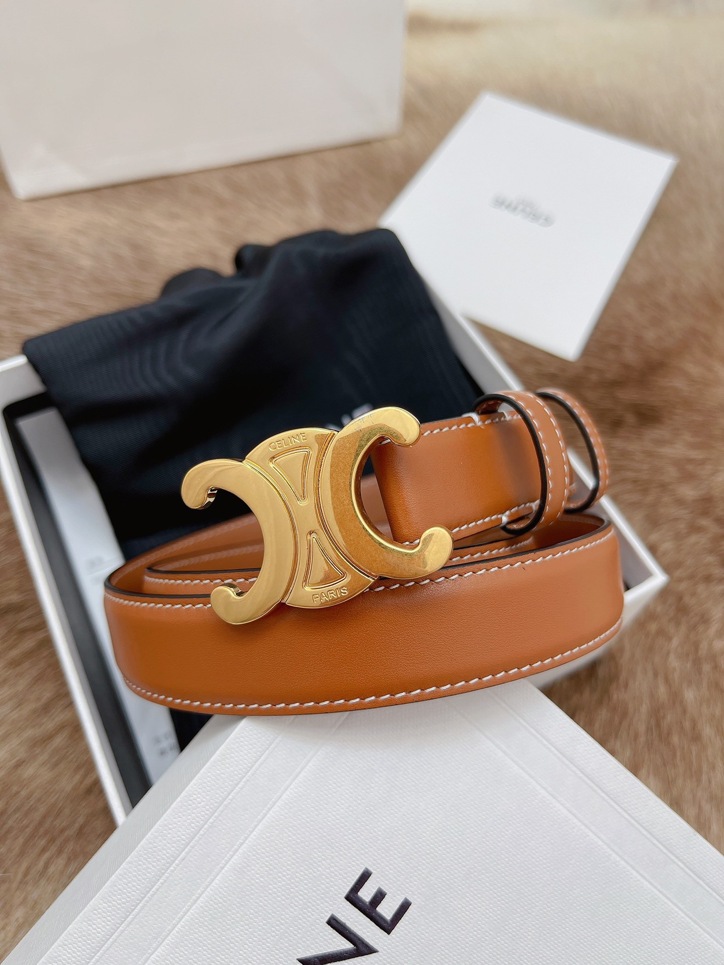 Celine Medium Triomphe Belt 25MM in Brown Calfskin