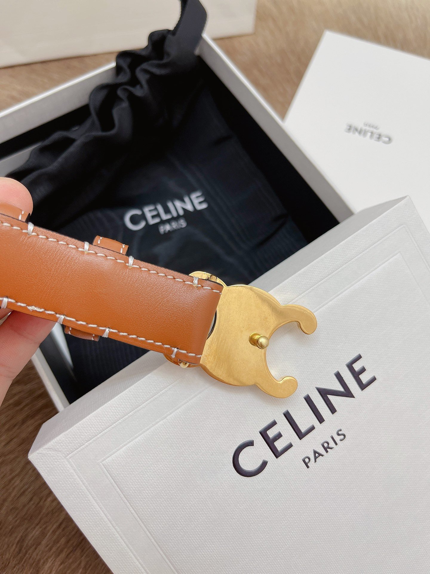 Celine Medium Triomphe Belt 25MM in Brown Calfskin