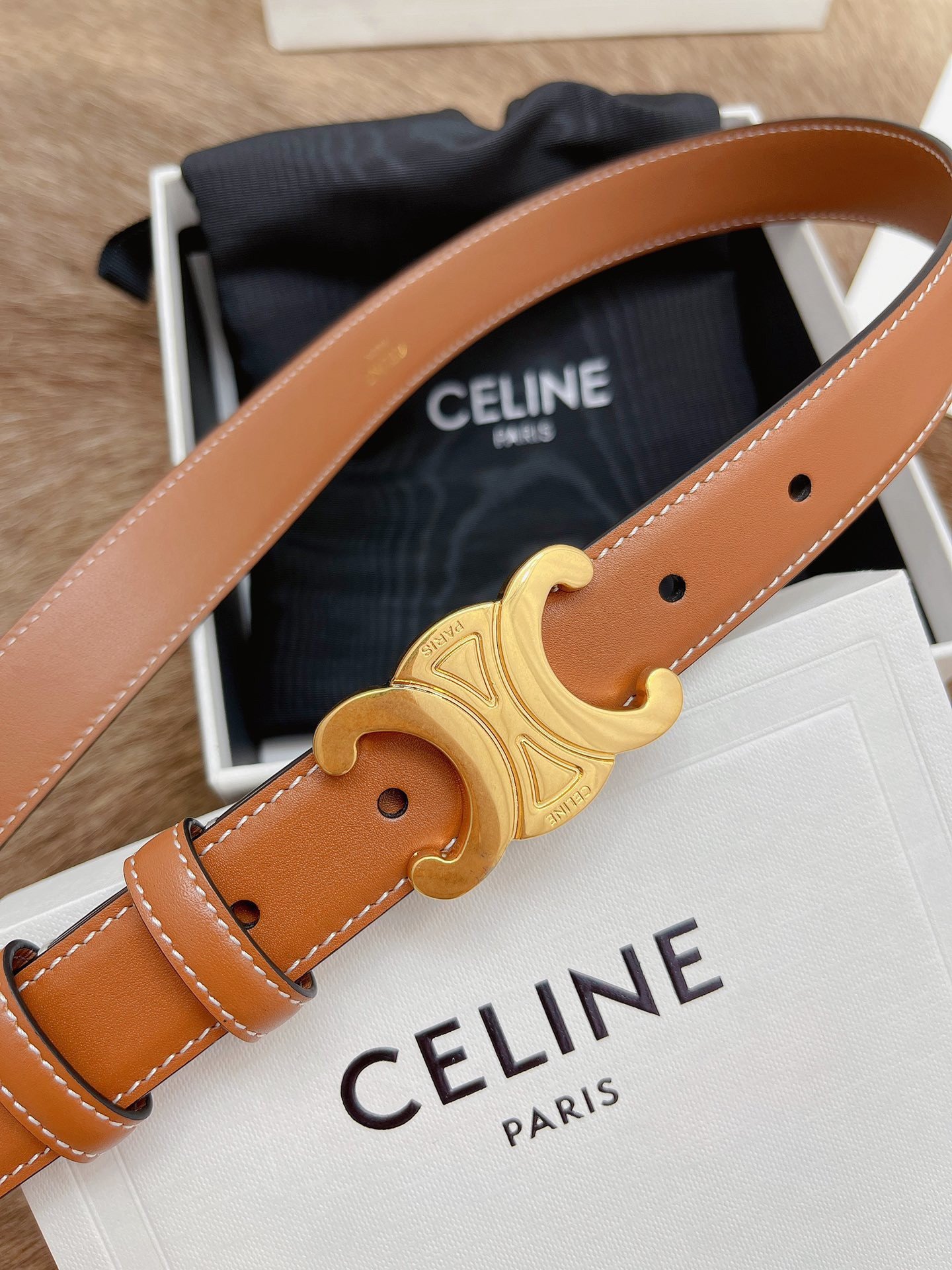 Celine Medium Triomphe Belt 25MM in Brown Calfskin