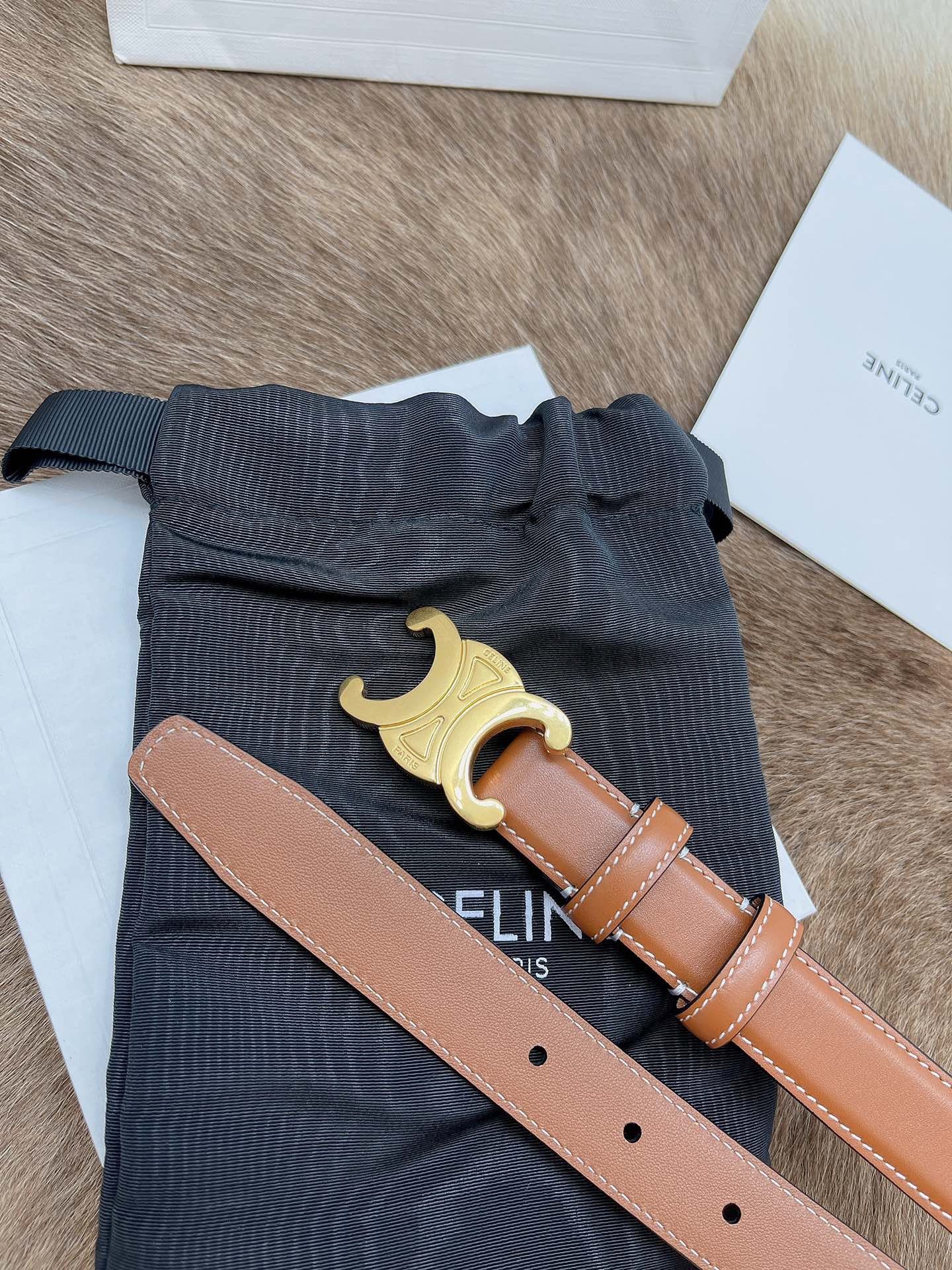 Celine Medium Triomphe Belt 25MM in Brown Calfskin