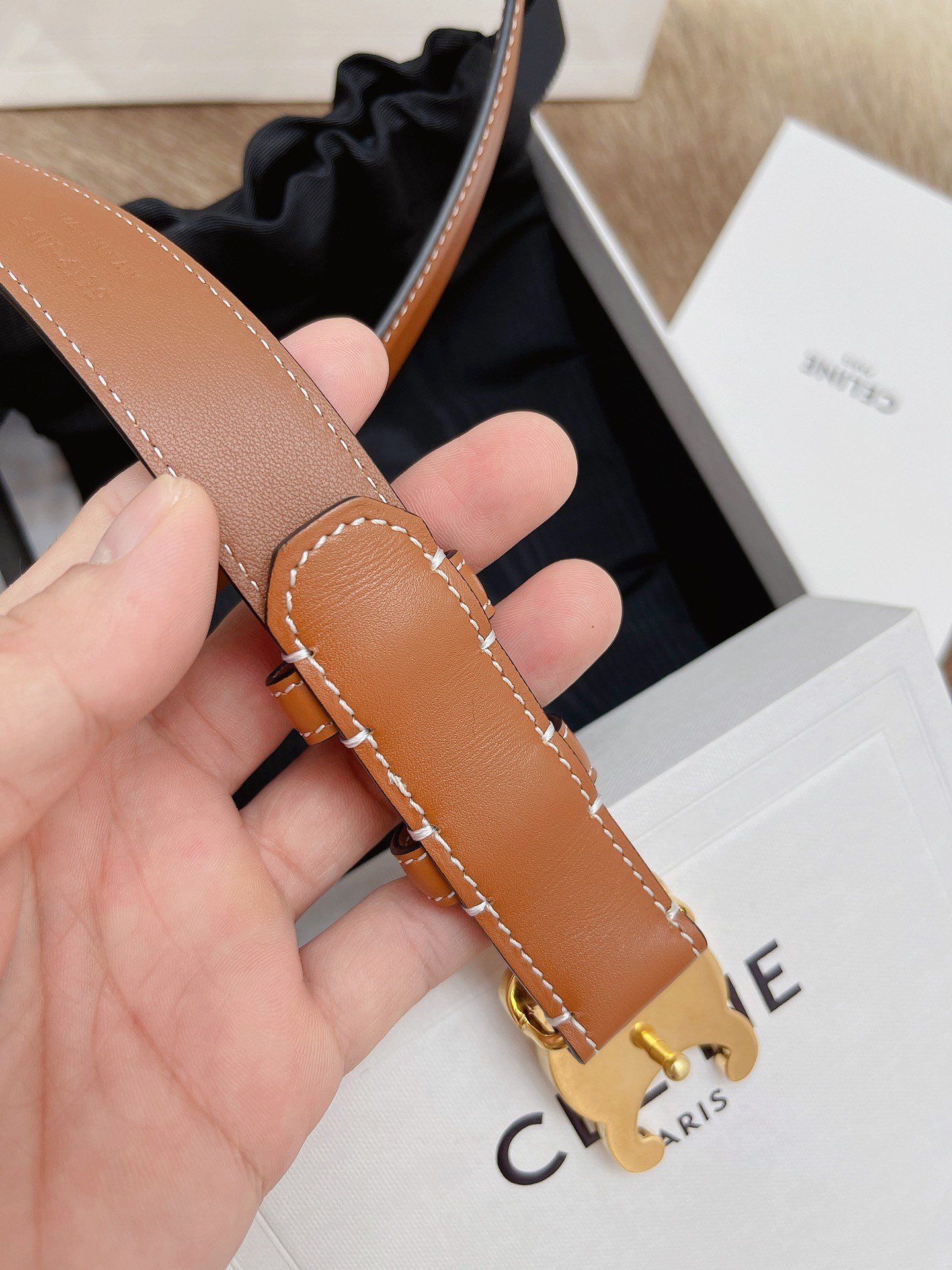 Celine Medium Triomphe Belt 25MM in Brown Calfskin