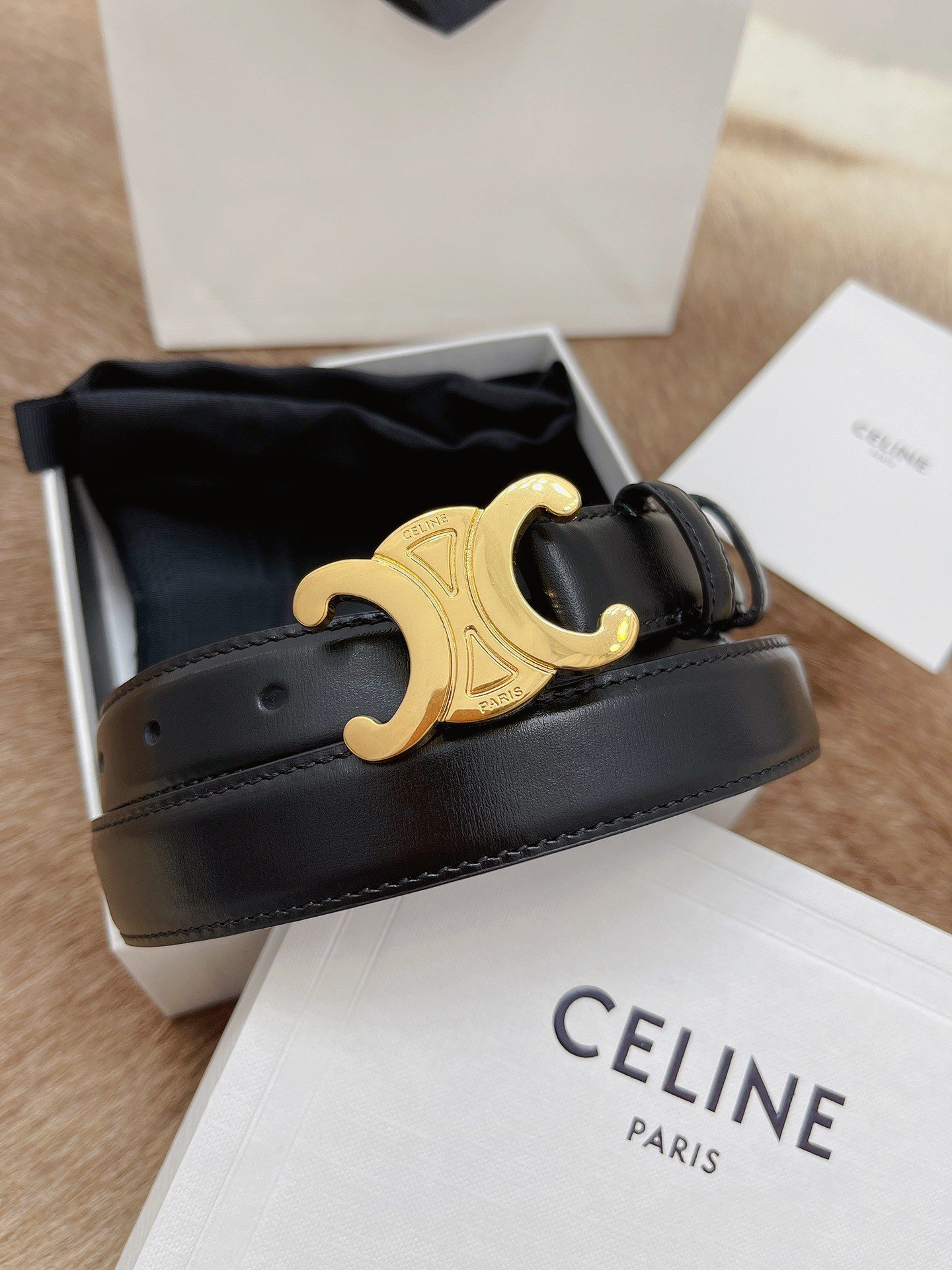 Celine Medium Triomphe Belt 25MM in Black Calfskin