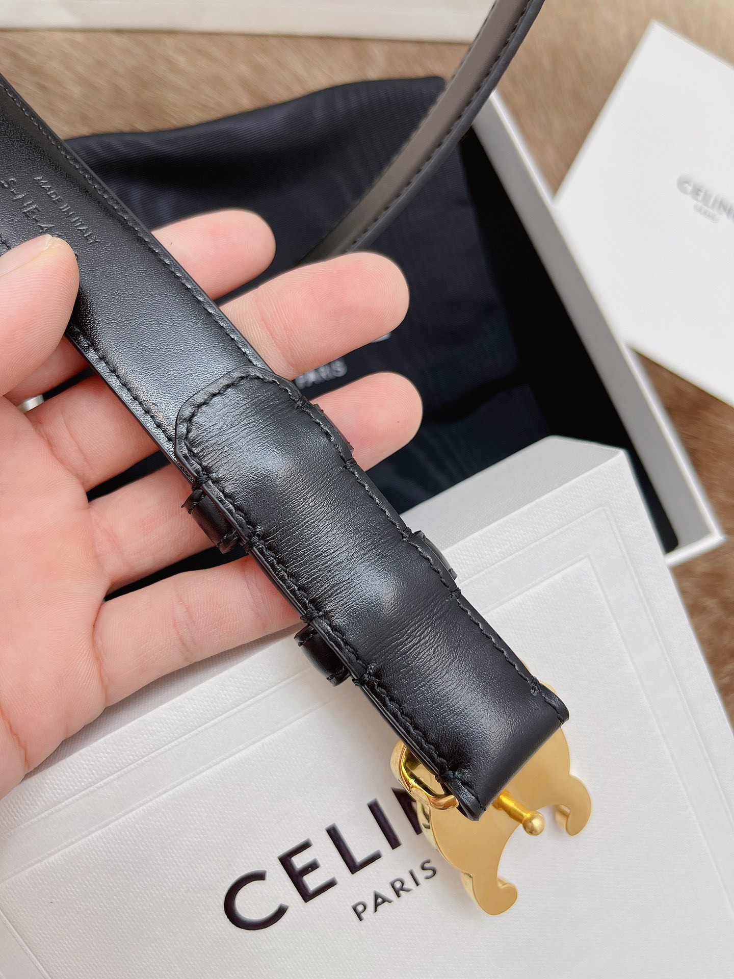 Celine Medium Triomphe Belt 25MM in Black Calfskin