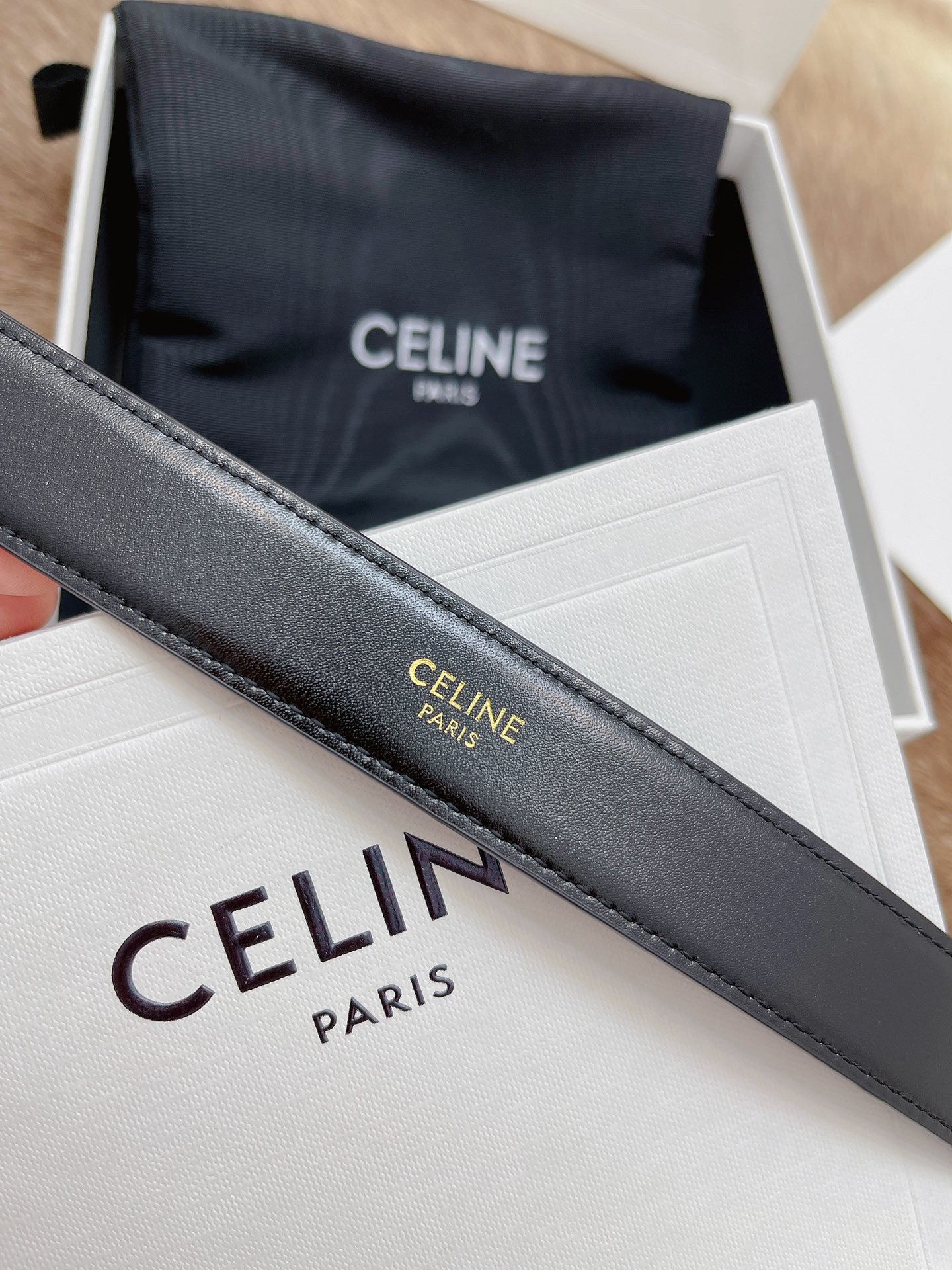 Celine Medium Triomphe Belt 25MM in Black Calfskin