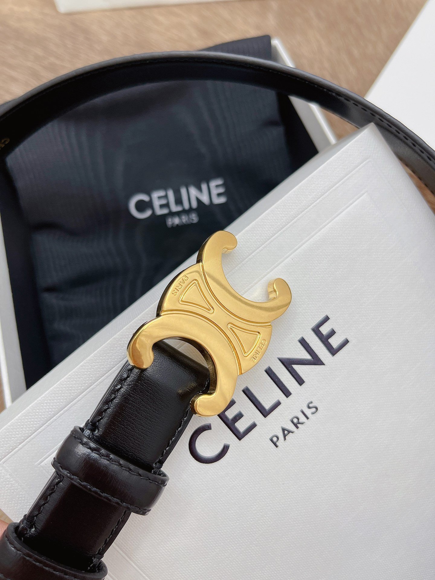 Celine Medium Triomphe Belt 25MM in Black Calfskin