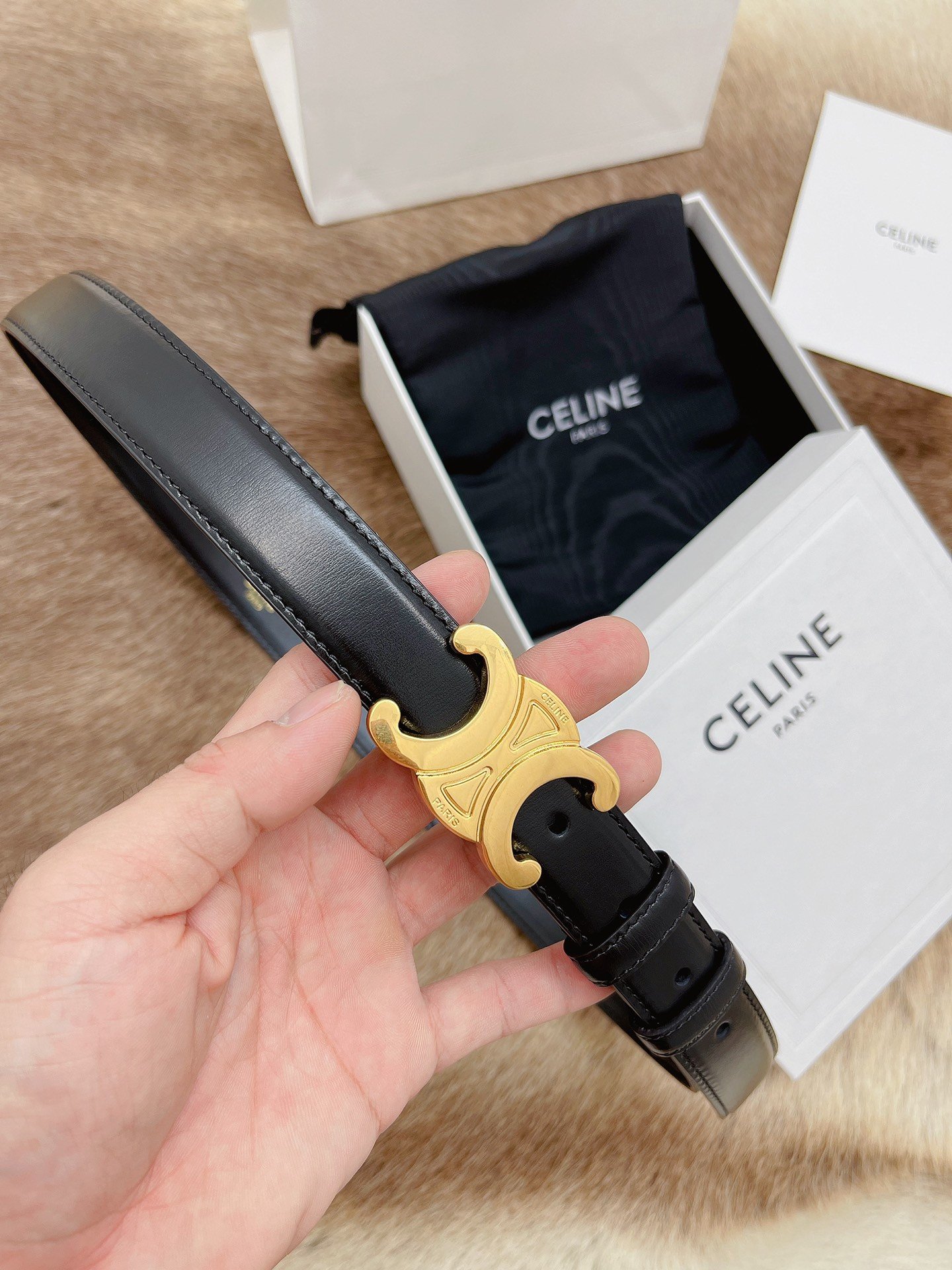 Celine Medium Triomphe Belt 25MM in Black Calfskin