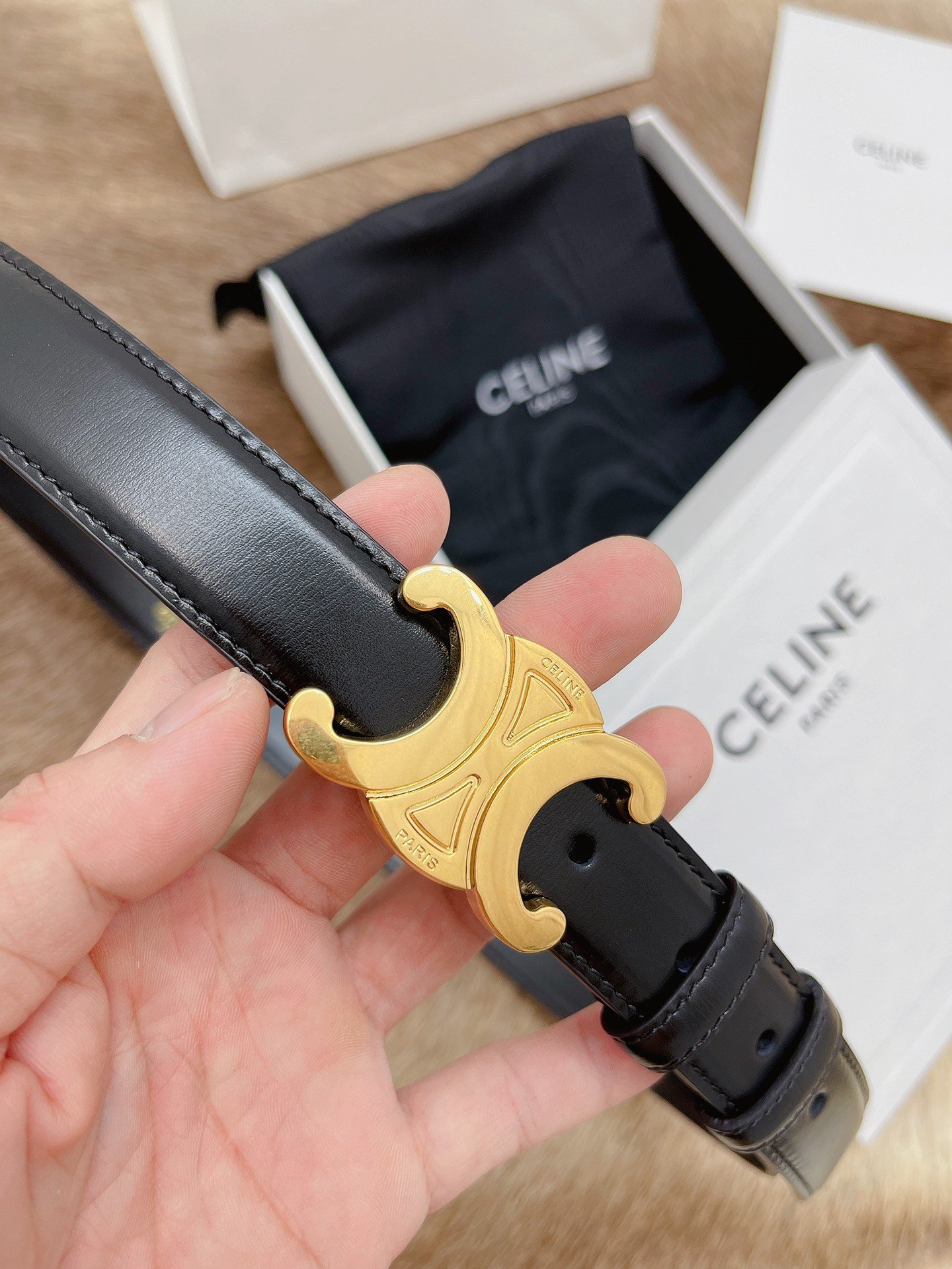 Celine Medium Triomphe Belt 25MM in Black Calfskin