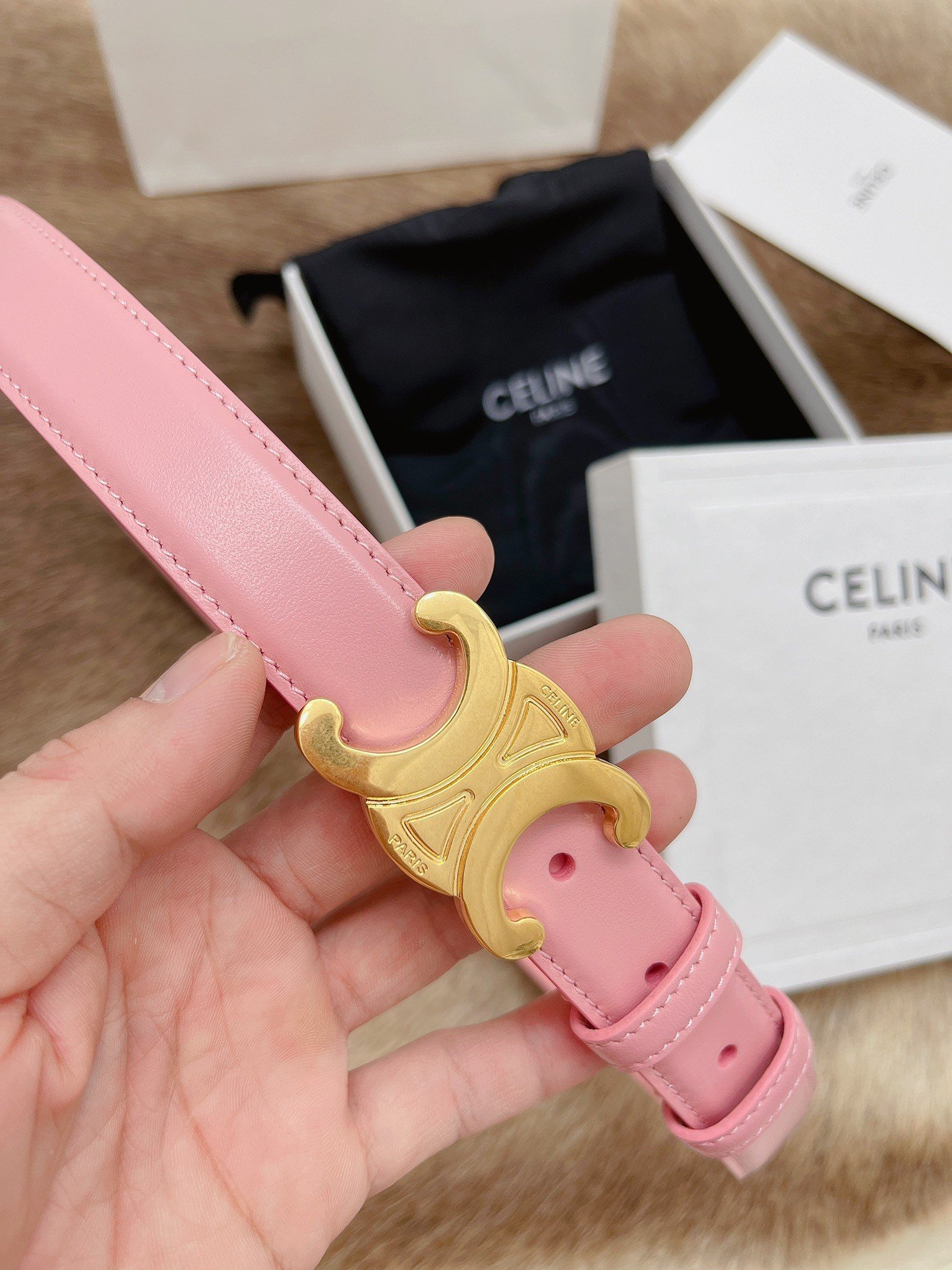 Celine Medium Triomphe Belt 25MM in Pink Calfskin