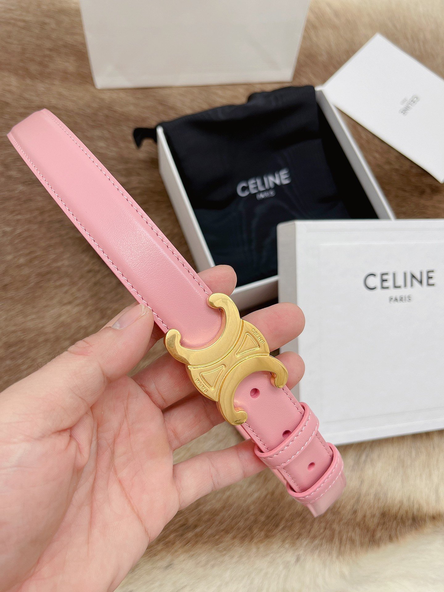 Celine Medium Triomphe Belt 25MM in Pink Calfskin