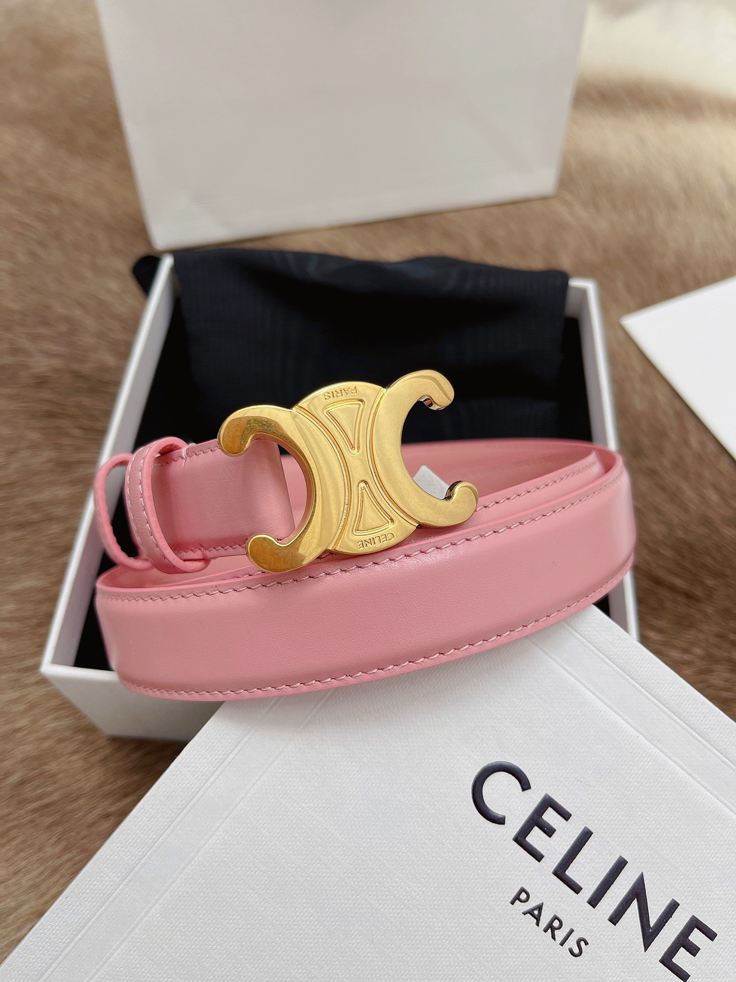 Celine Medium Triomphe Belt 25MM in Pink Calfskin