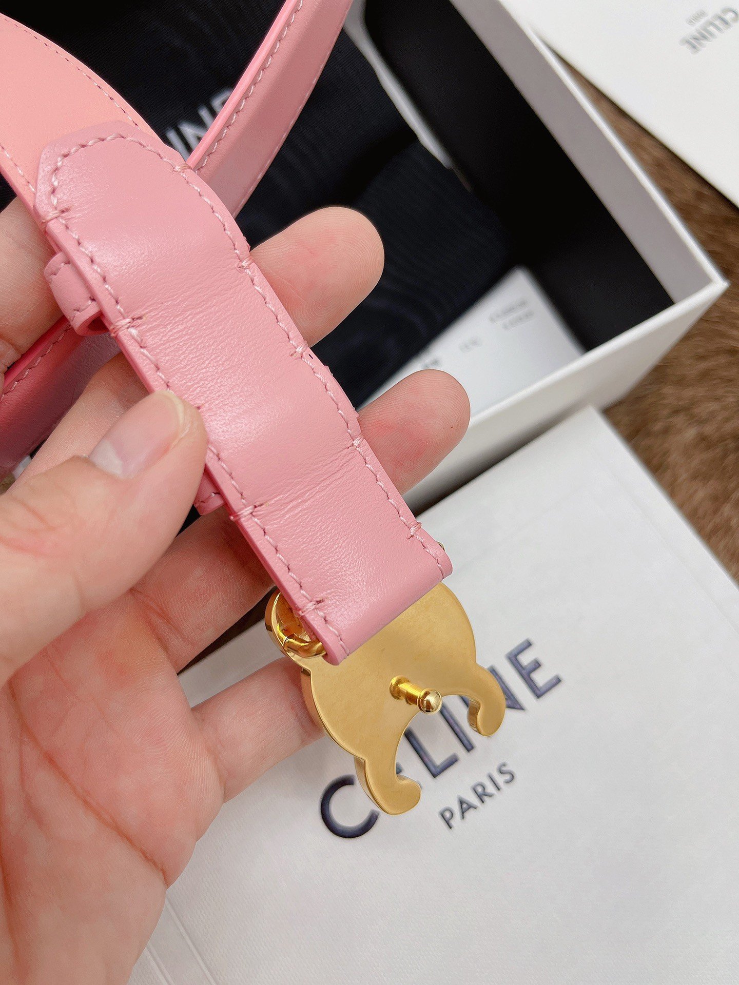 Celine Medium Triomphe Belt 25MM in Pink Calfskin