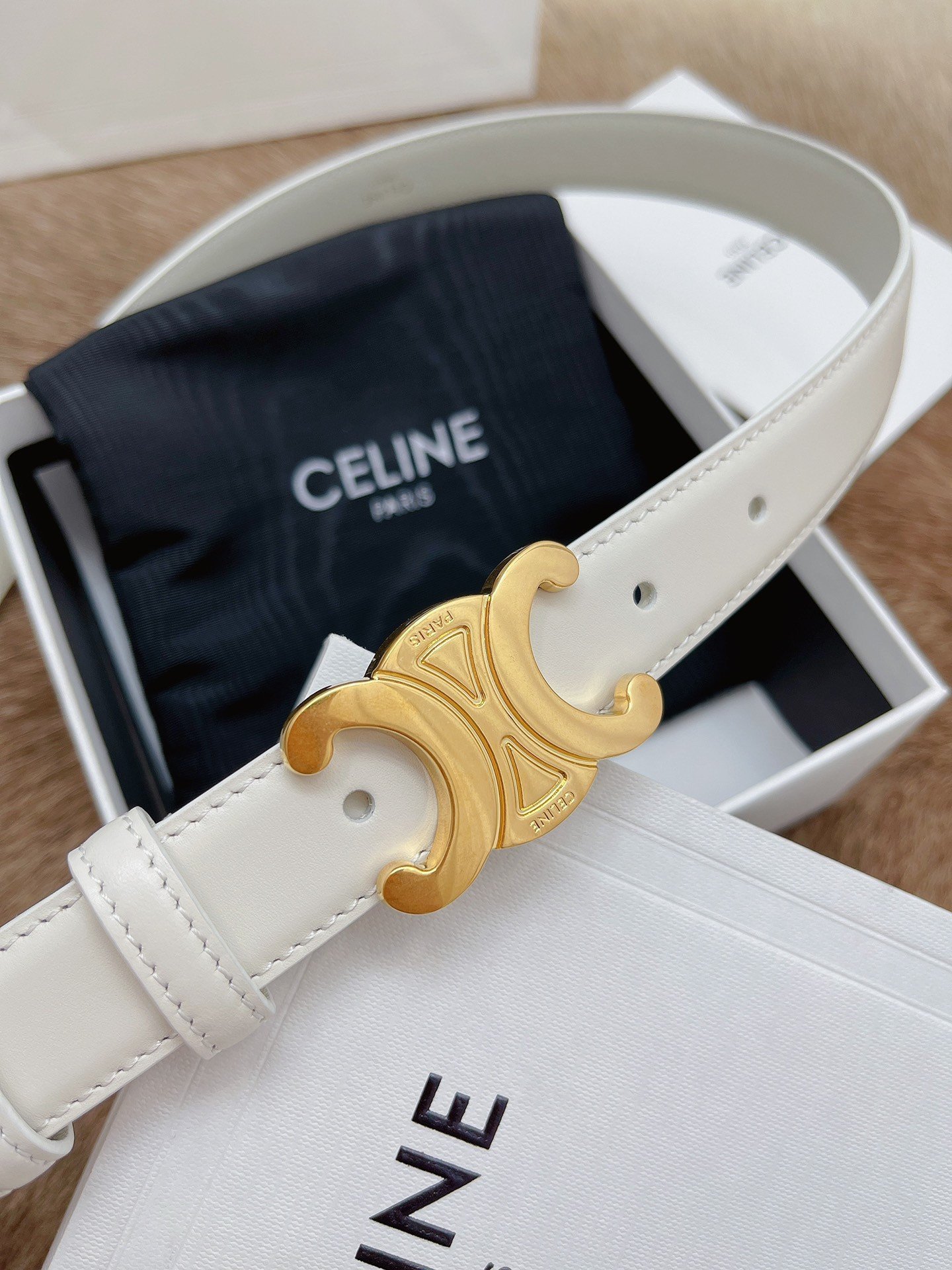 Celine Medium Triomphe Belt 25MM in White Calfskin