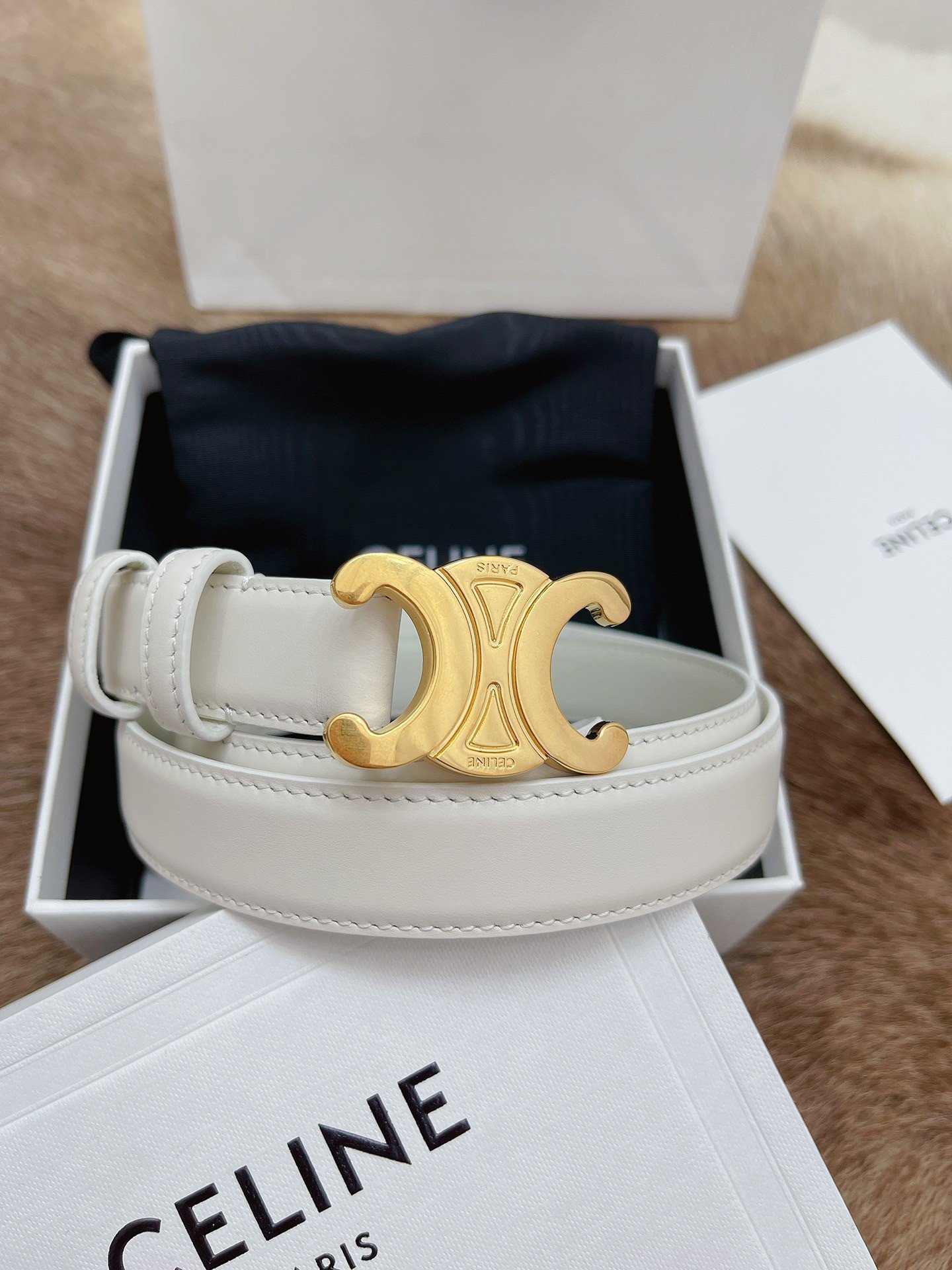 Celine Medium Triomphe Belt 25MM in White Calfskin