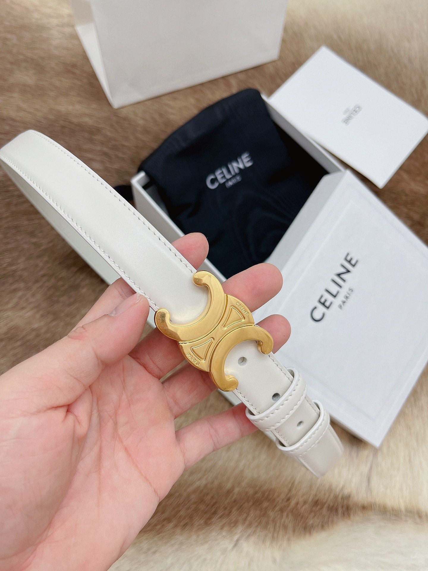 Celine Medium Triomphe Belt 25MM in White Calfskin