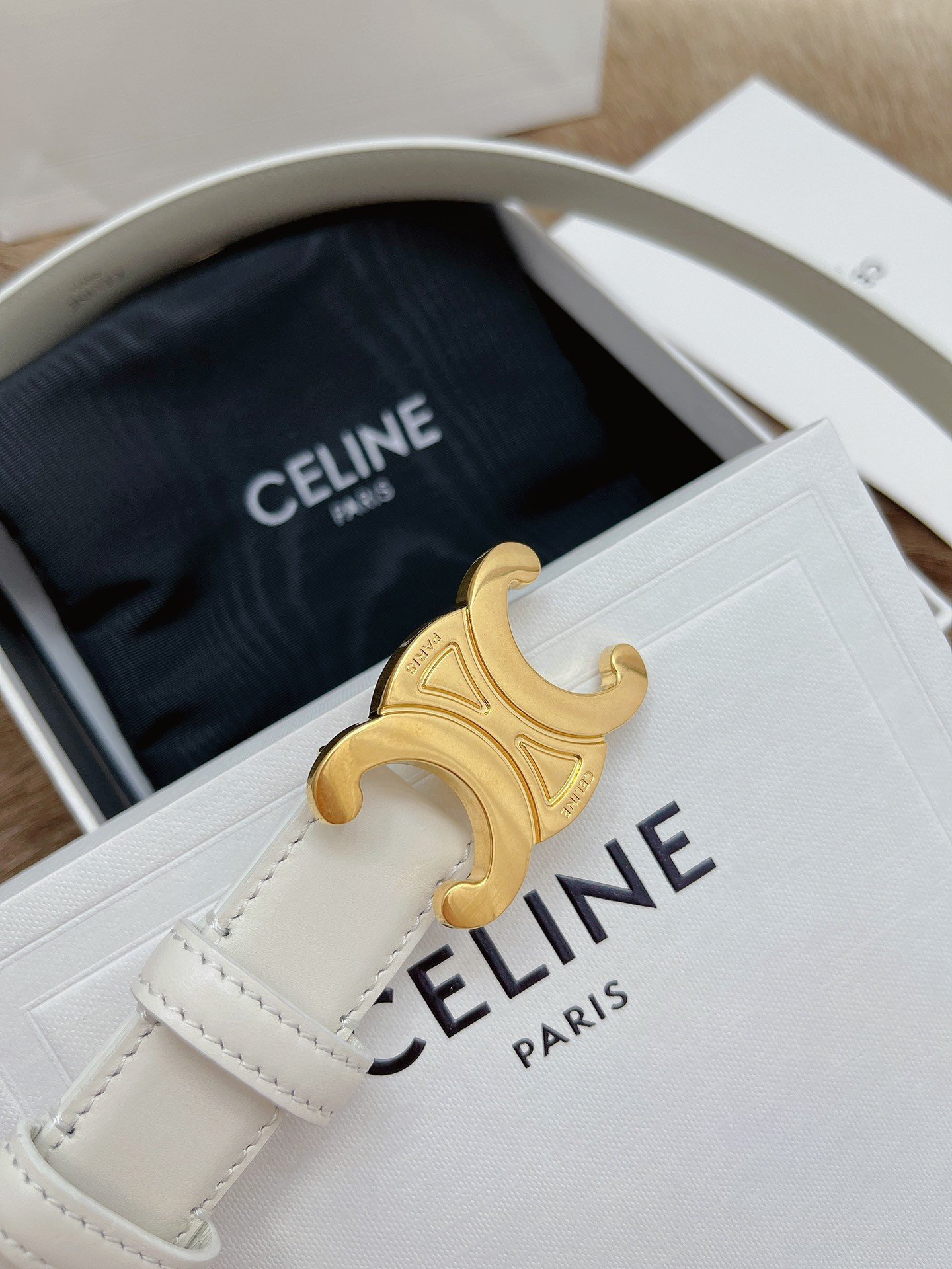 Celine Medium Triomphe Belt 25MM in White Calfskin