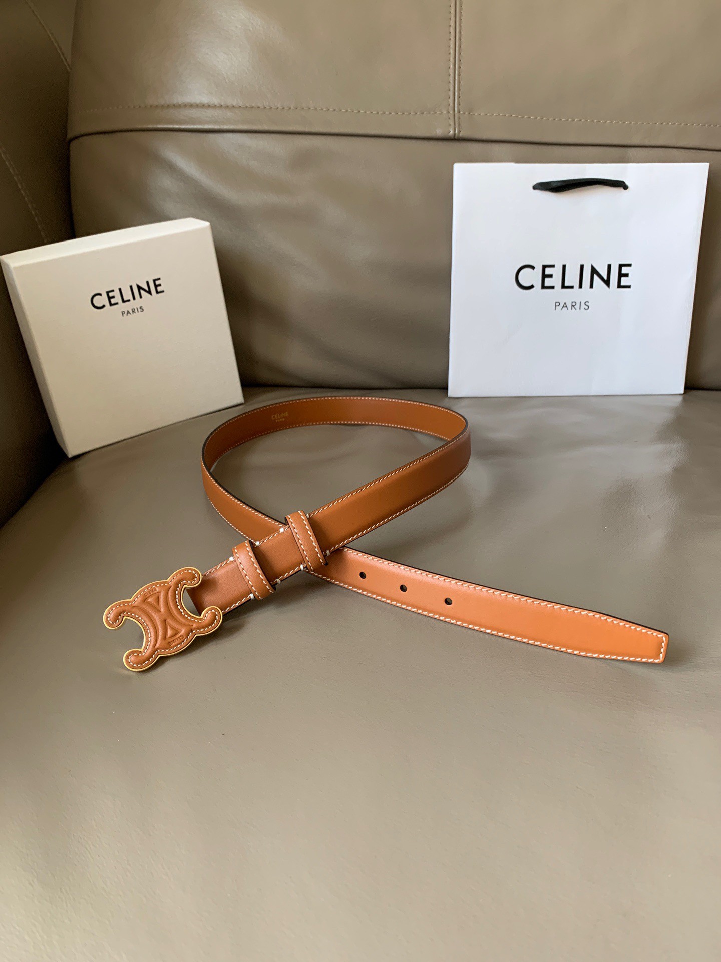 Celine Medium Cuir Triomphe Belt 25MM in Brown Calfskin