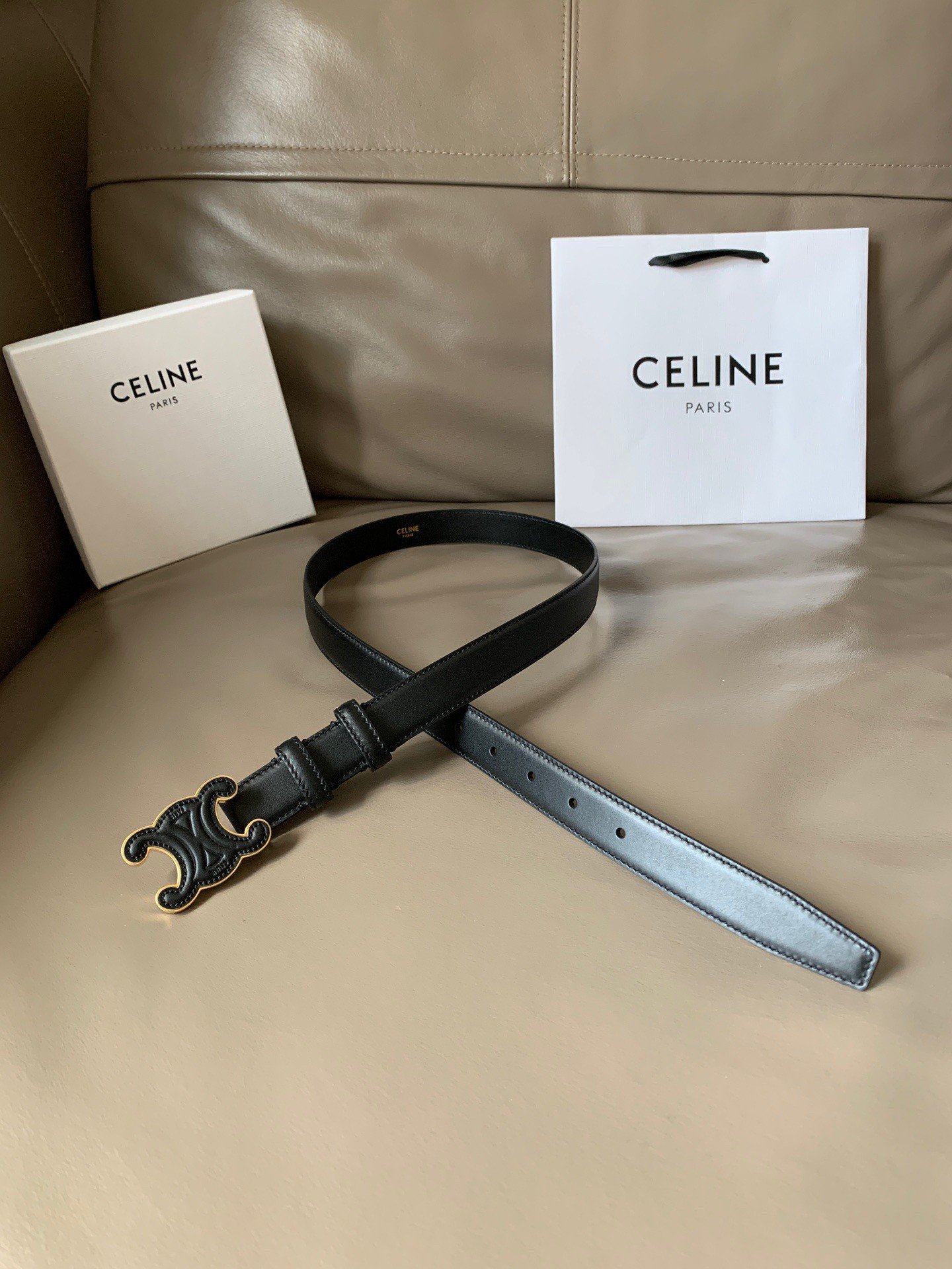 Celine Medium Cuir Triomphe Belt 25MM in Black Calfskin