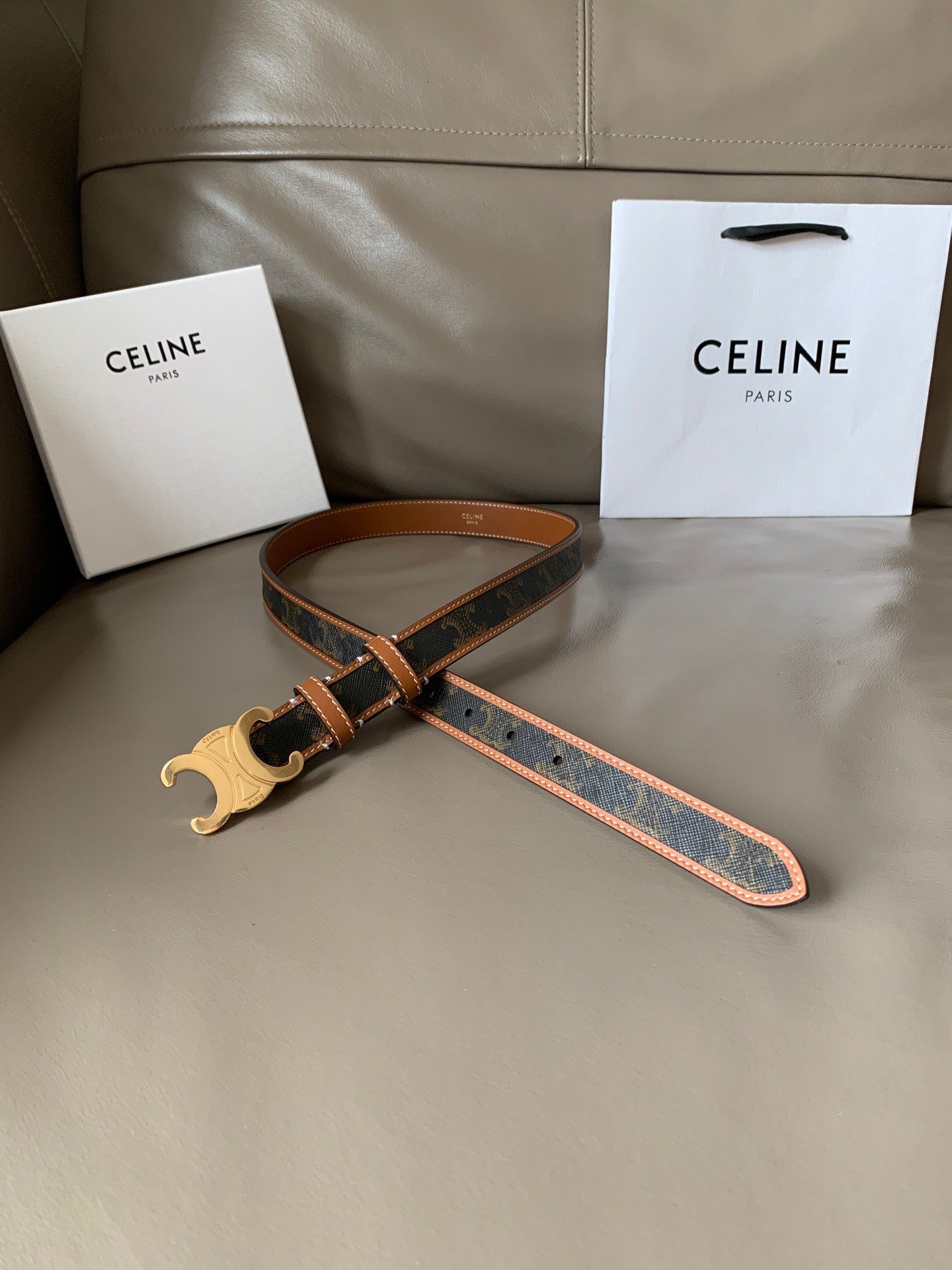 Celine Medium Triomphe Belt 25MM in Tan Triomphe Canvas