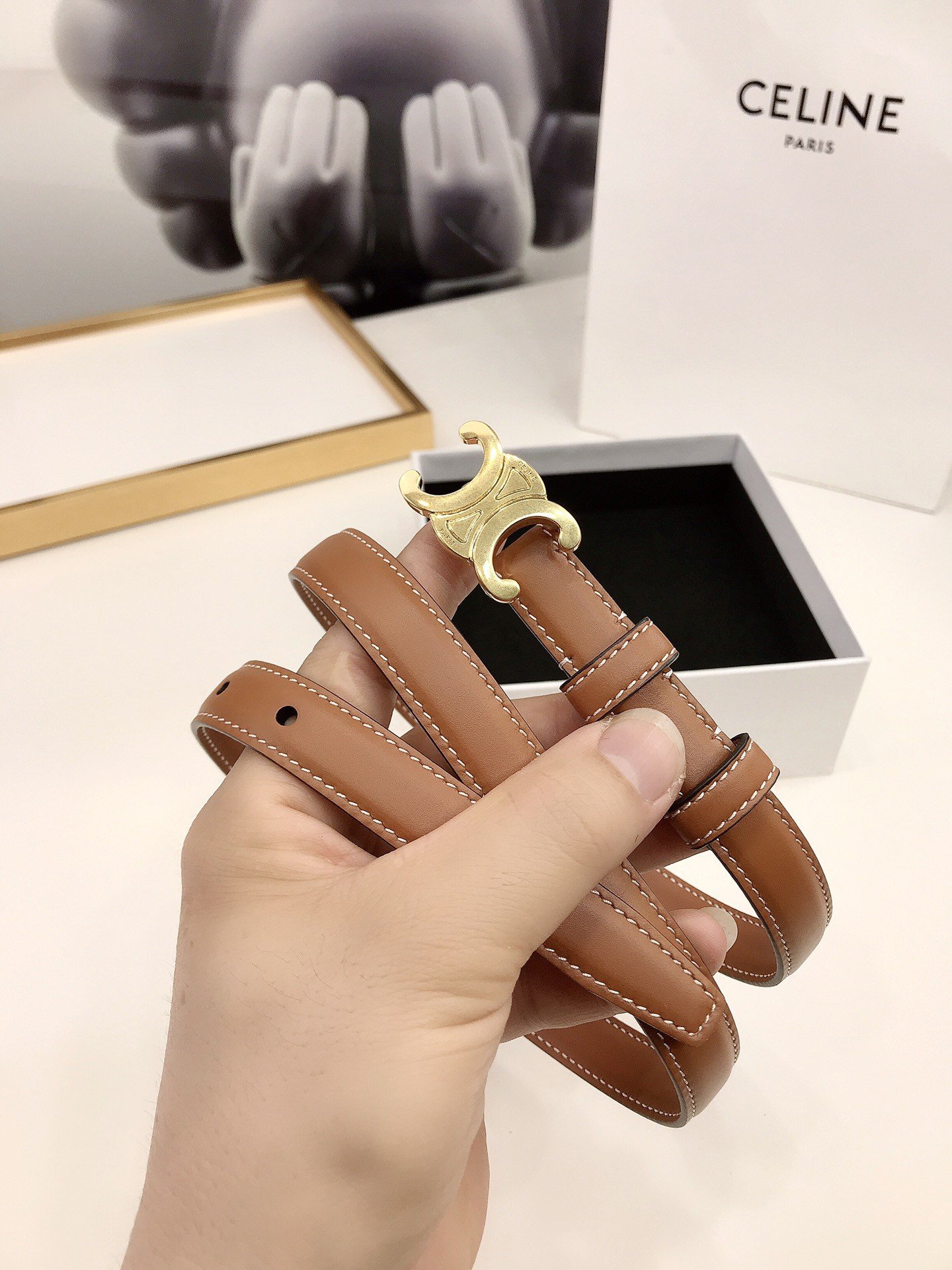 Celine Small Triomphe Belt 18MM in Brown Calfskin