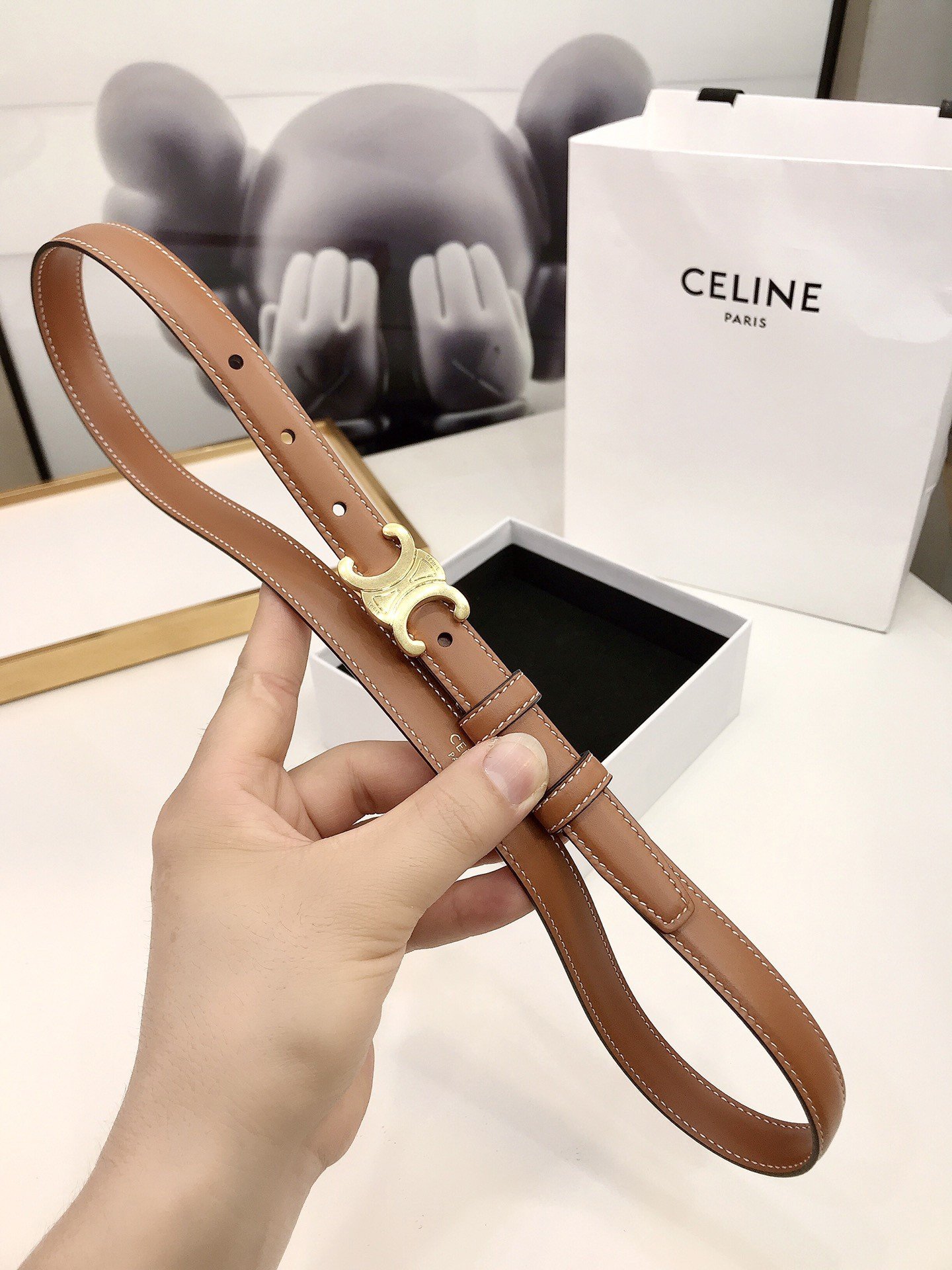 Celine Small Triomphe Belt 18MM in Brown Calfskin