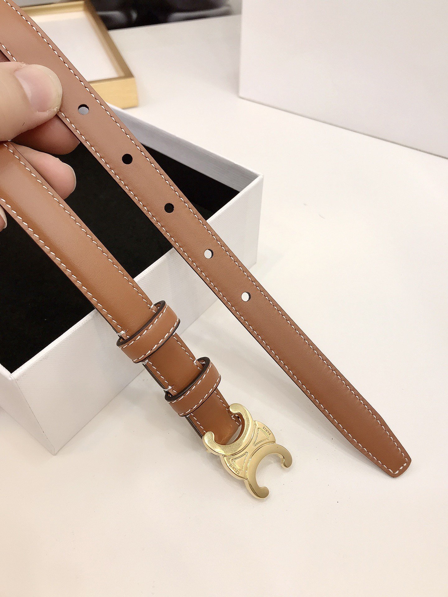 Celine Small Triomphe Belt 18MM in Brown Calfskin