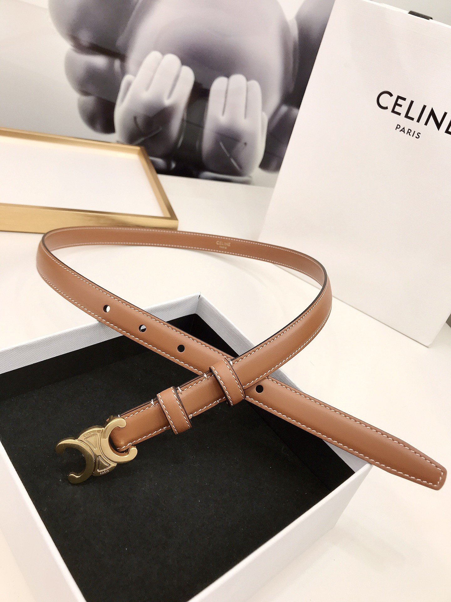 Celine Small Triomphe Belt 18MM in Brown Calfskin