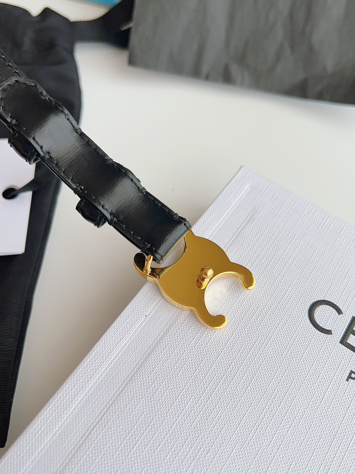 Celine Small Triomphe Belt 18MM in Black Calfskin