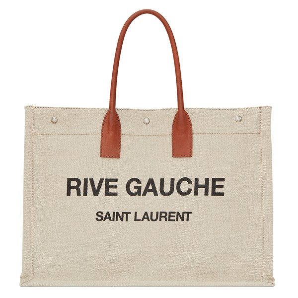 Saint Laurent Rive Gauche Tote Bag in White Linen and Brown Leather