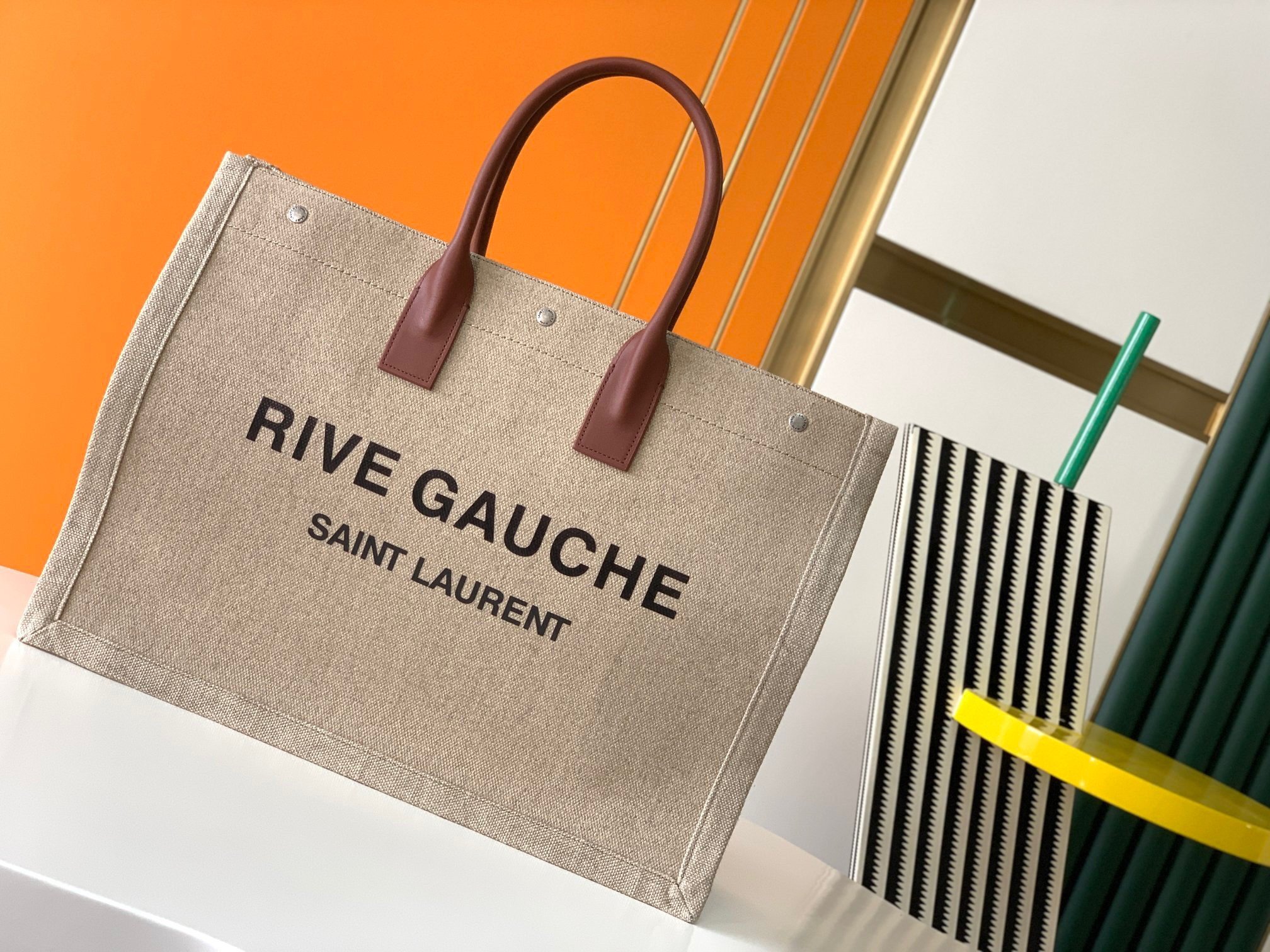 Saint Laurent Rive Gauche Tote Bag in White Linen and Brown Leather