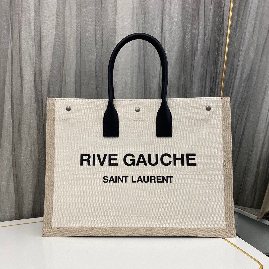 Saint Laurent Rive Gauche Tote Bag in White Linen and Black Leather