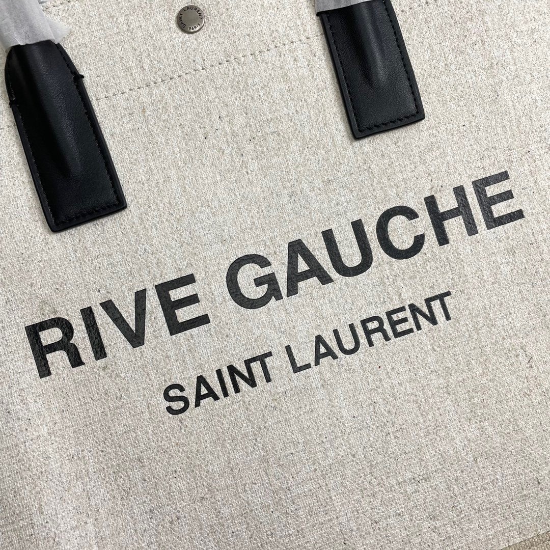 Saint Laurent Rive Gauche Small Tote Bag in White Linen and Leather