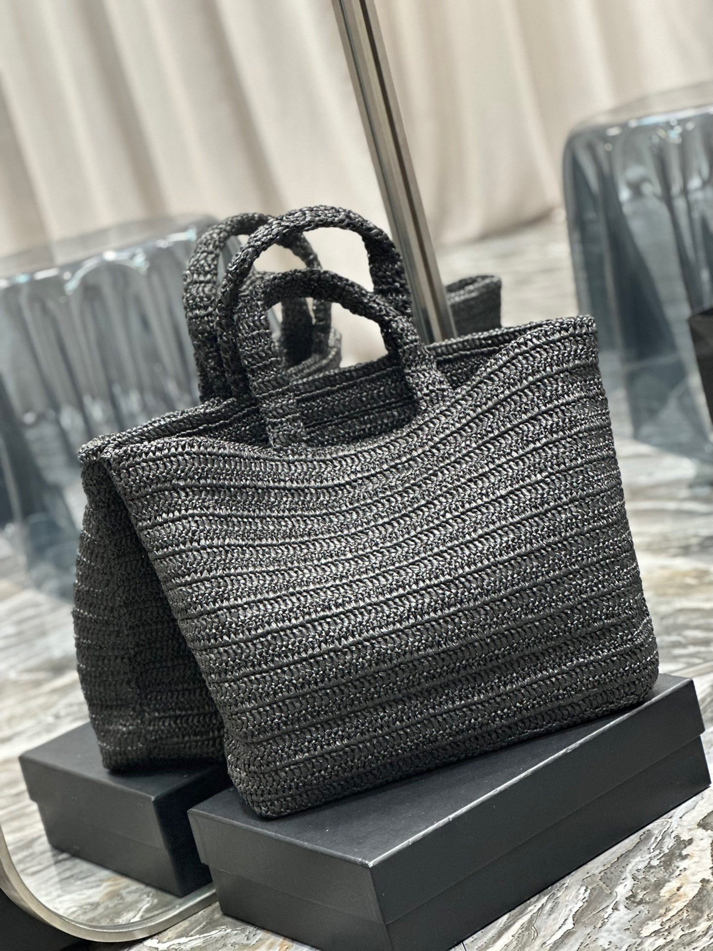 Saint Laurent Rive Gauche Tote Bag in Black Raffia Crochet