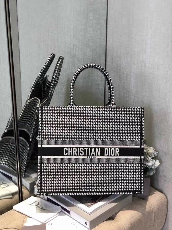 Dior Large Book Tote Bag In Houndstooth Embroidered Canvas