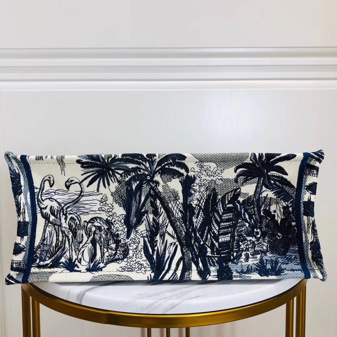 Dior Large Book Tote Bag In Blue Palm Tree Toile de Jouy Embroidery