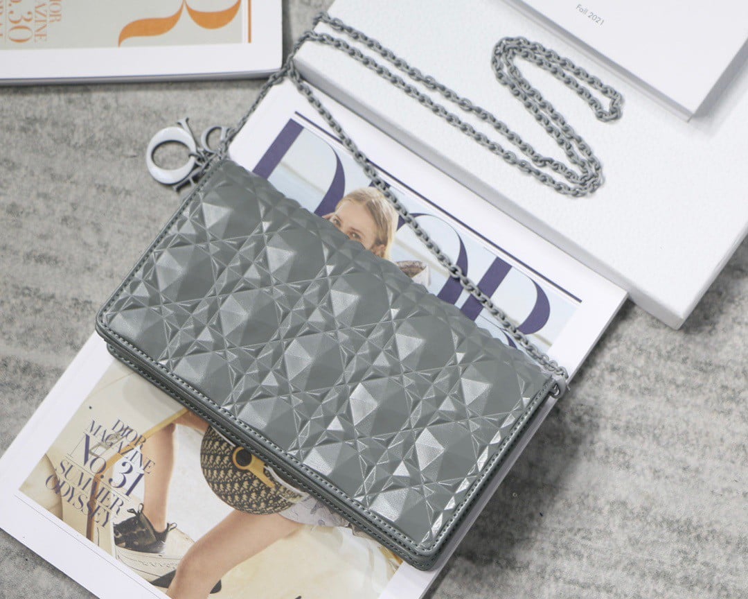 Dior Lady Dior Chain Pouch In Grey Diamond Calfskin